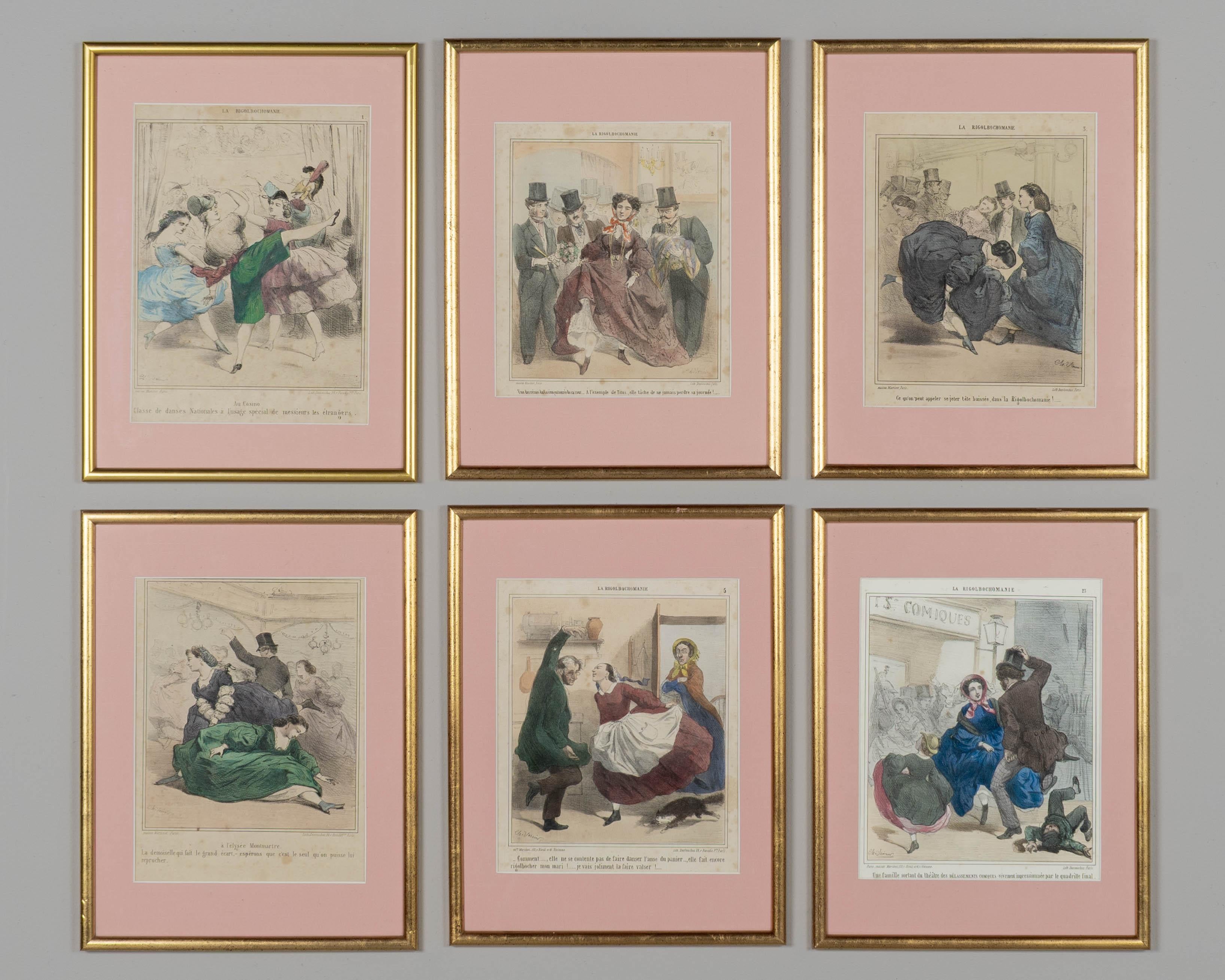 A set of six 19th century French hand colored lithographs from the series entitled La Rigolbochomanie depicting the craze surrounding the celebrated can-can dancer Rigolboche. The volume of lithographs was created by the artist Charles Vernier