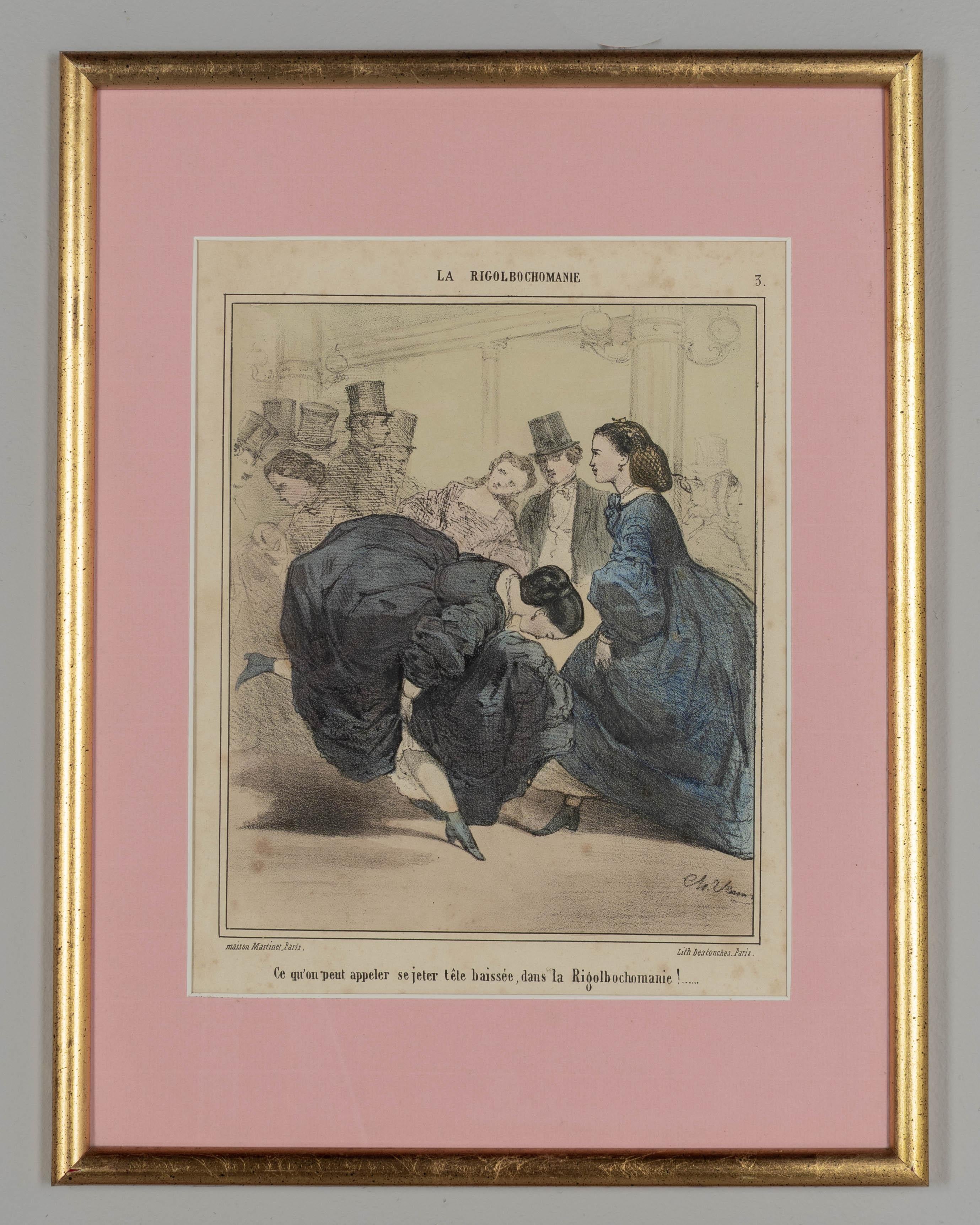 Hand-Painted 19th Century French Lithographs La Rigolbochomanie Set of 6 For Sale