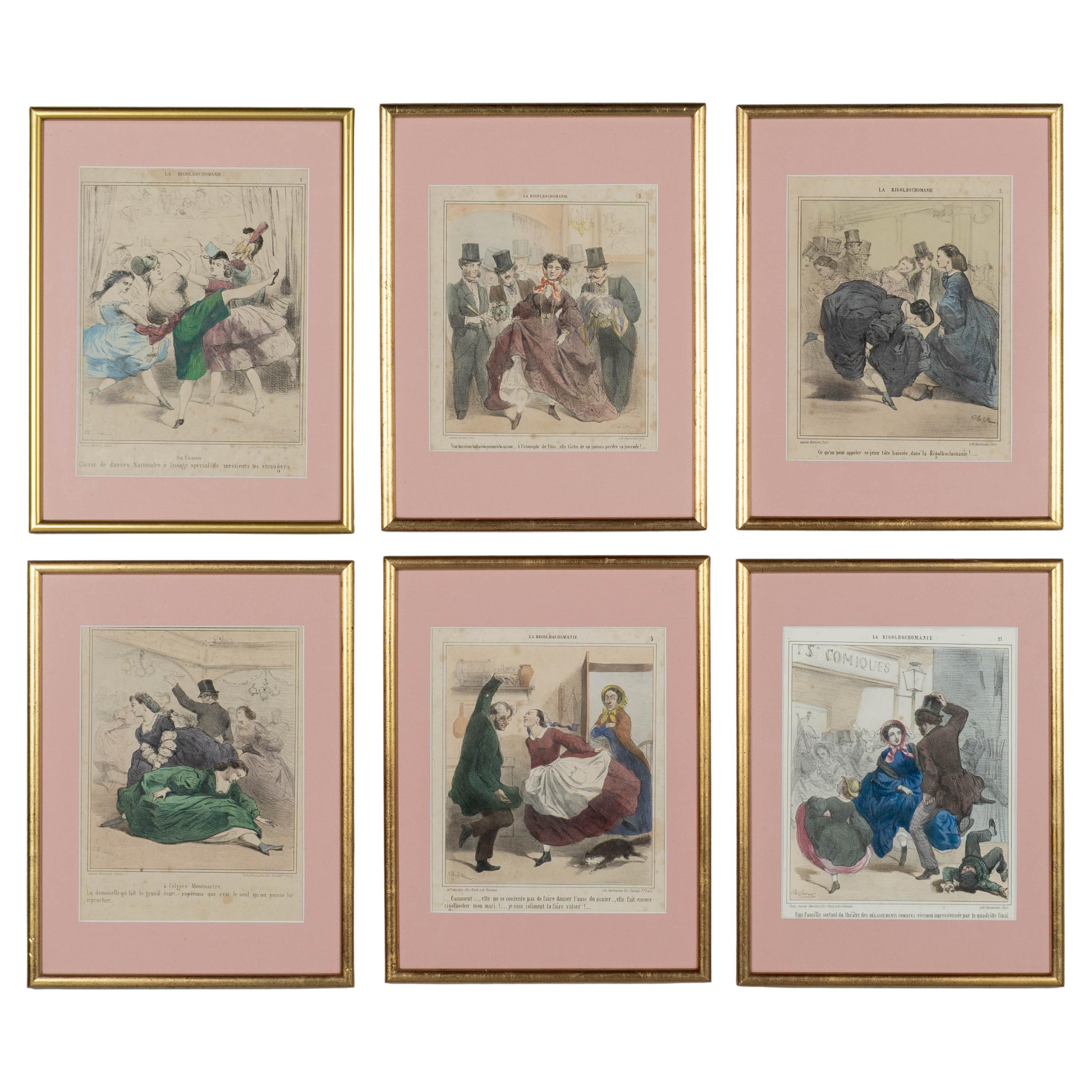Set de 6 litografías francesas del siglo XIX La Rigolbochomanie