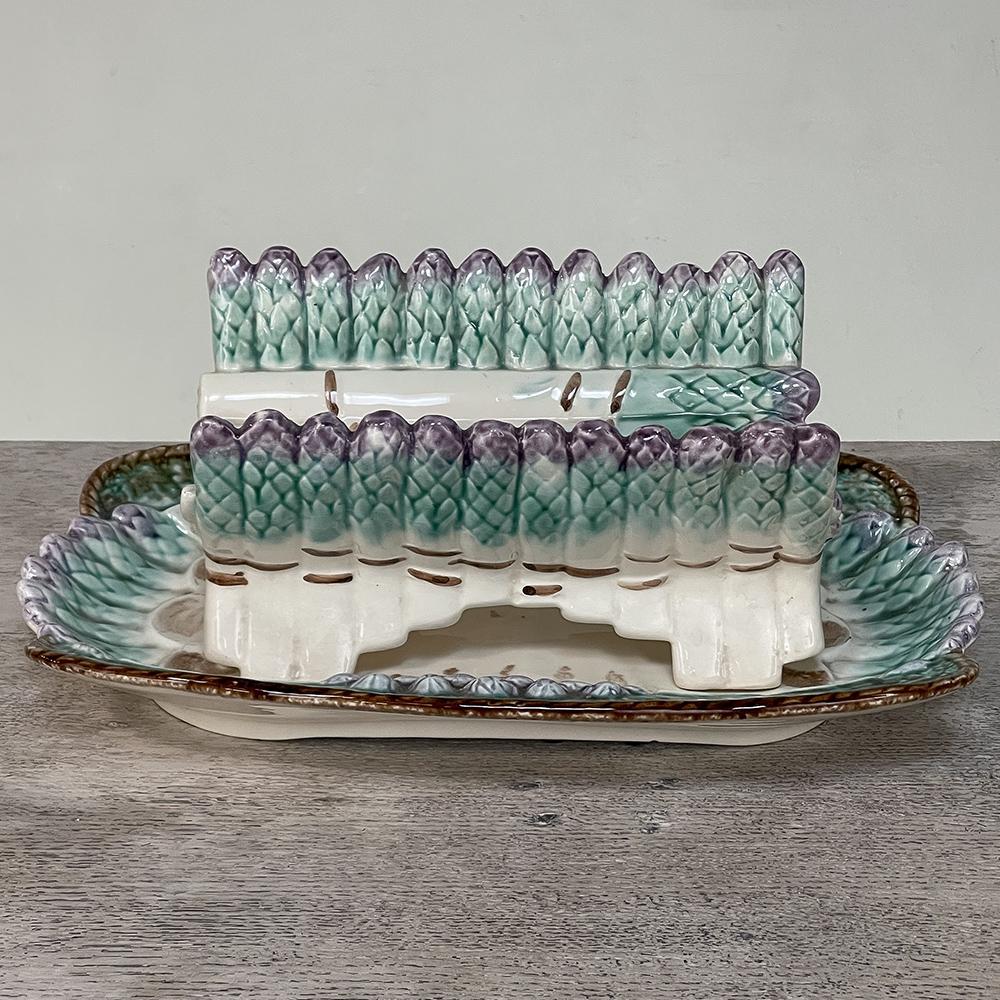 19th century French longchamp barbotine asparagus dish with matching platter is a rare find, indeed! Surviving together for over a century, each still displays rich coloration thanks to the proprietary painting and glazing methods by the well-known