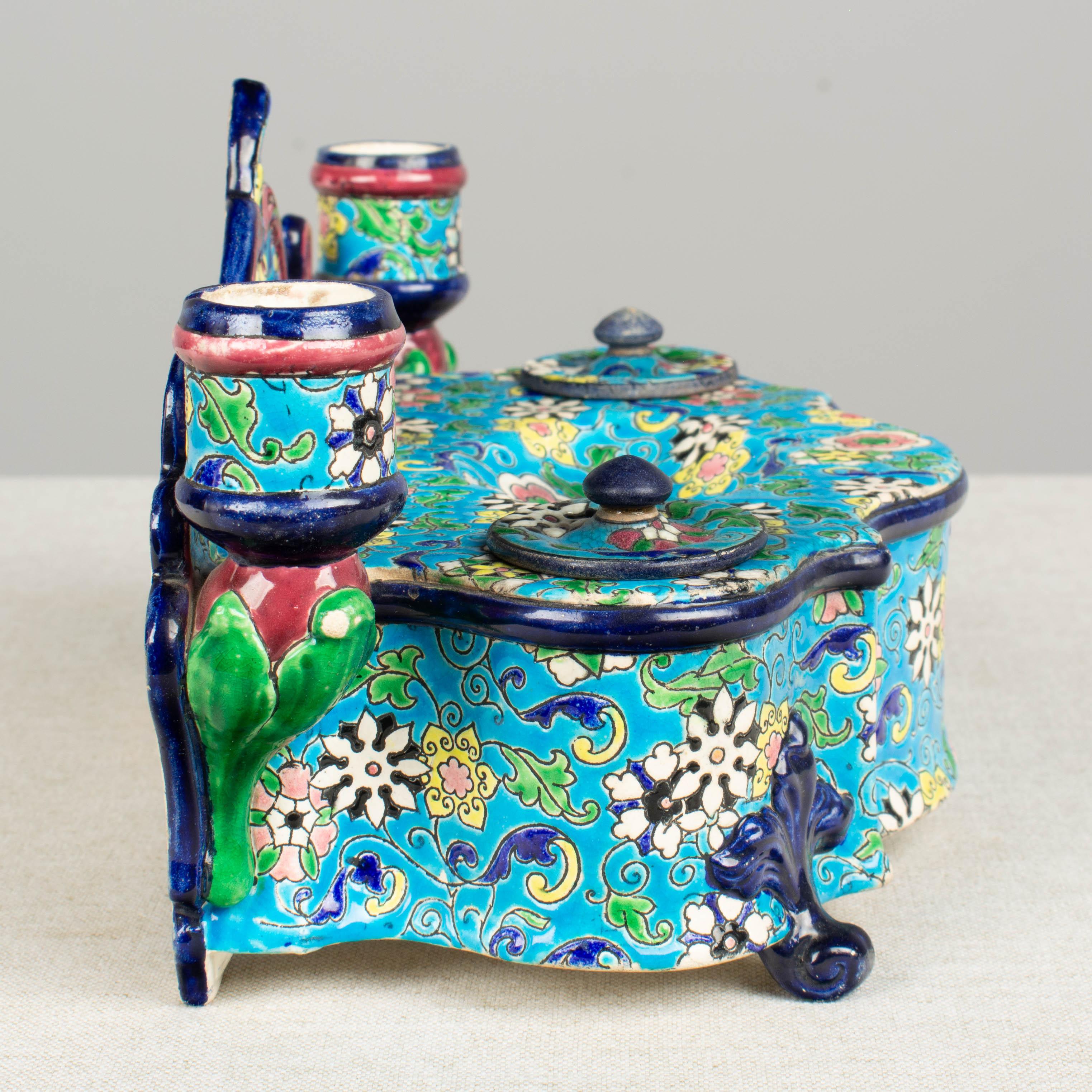 19th Century French Longwy Ceramic Inkwell For Sale 1