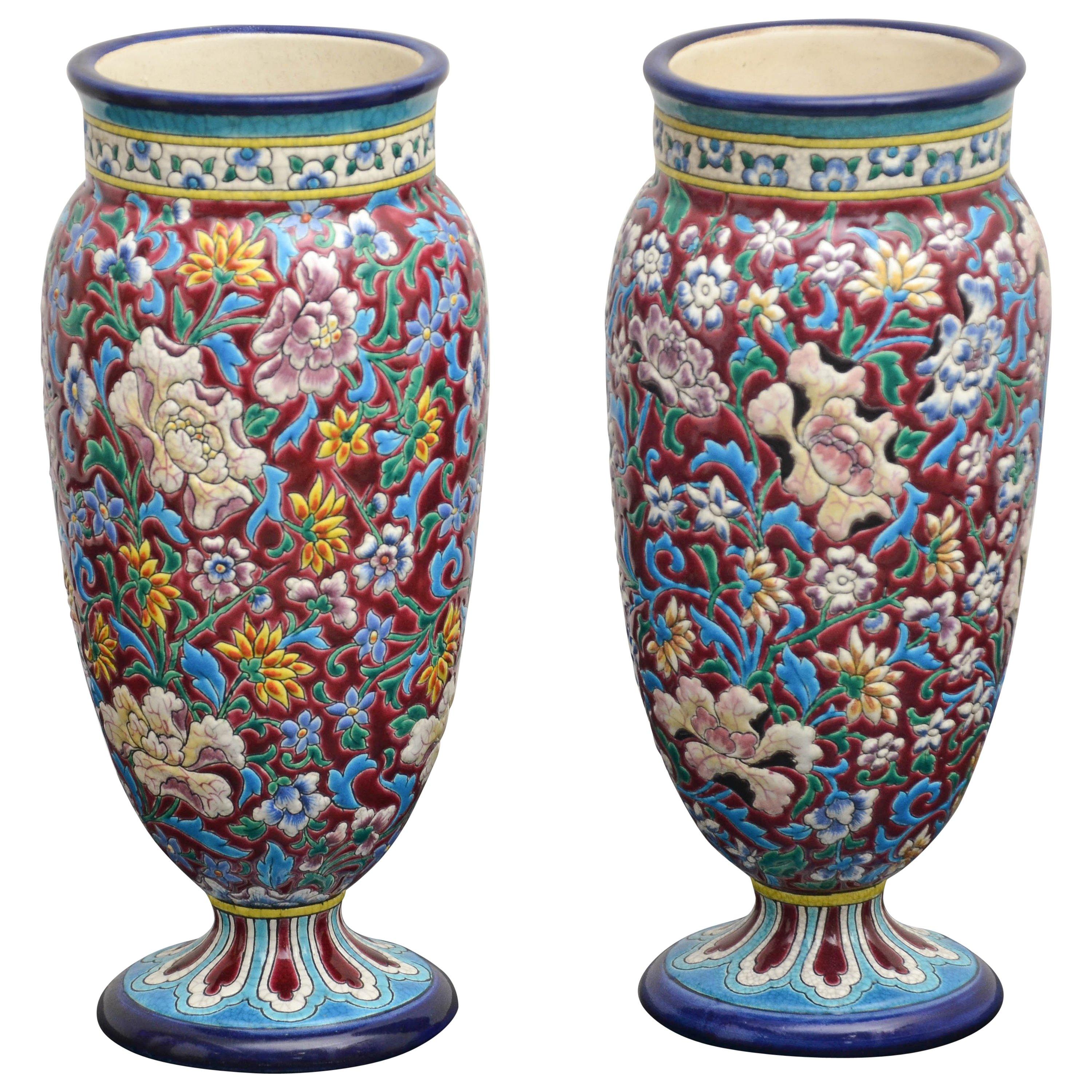 19th Century French Longwy Pottery Vases For Sale