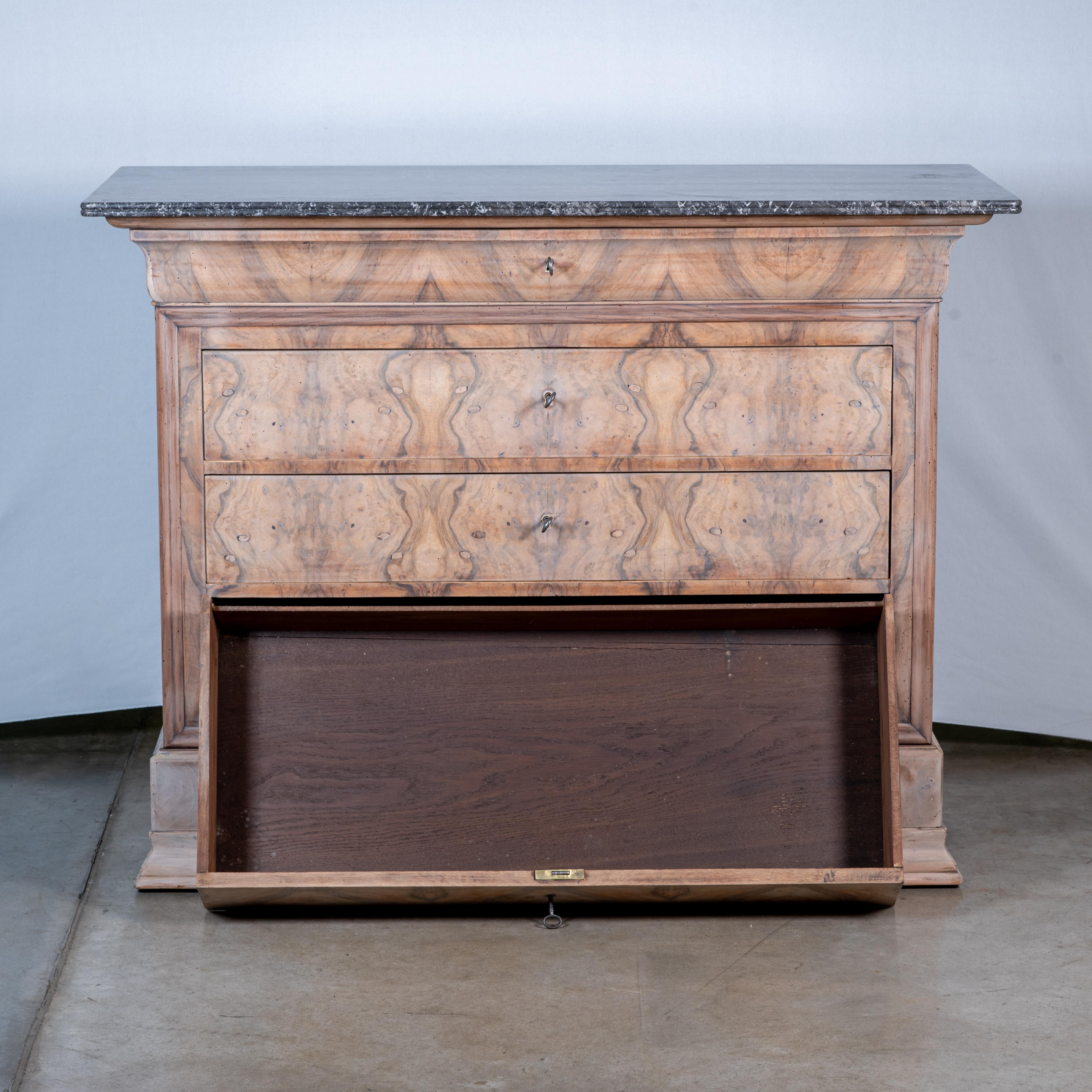 Indulge in the exquisite charm of the 19th Century French Louis Philippe Bleached Walnut Commode, boasting not only timeless elegance but also unparalleled functionality. Crafted from high-quality bleached walnut, this remarkable commode features a