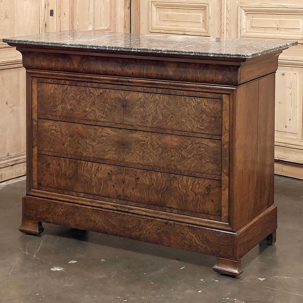 Hand-Crafted 19th Century French Louis Philippe Burl Walnut Chest of Drawers with Marble Top For Sale