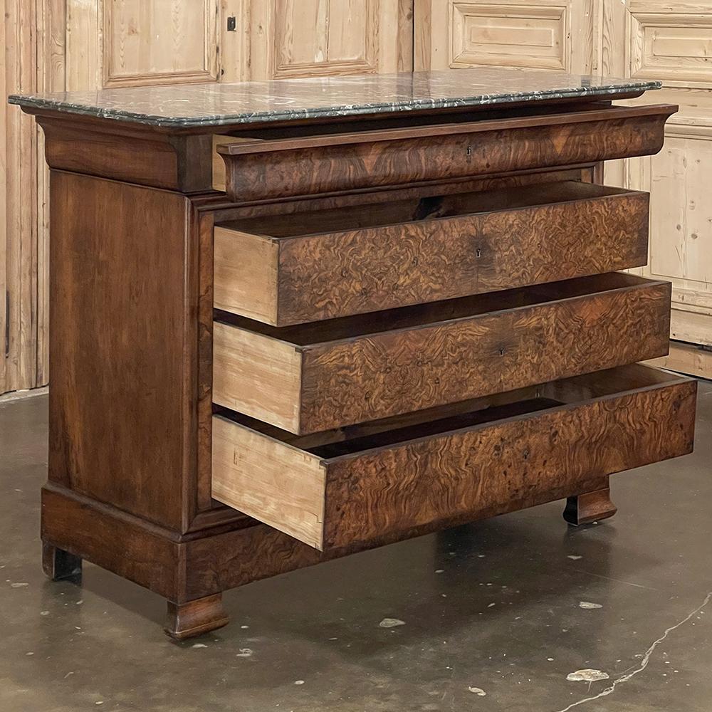 19th Century French Louis Philippe Burl Walnut Chest of Drawers with Marble Top For Sale 1