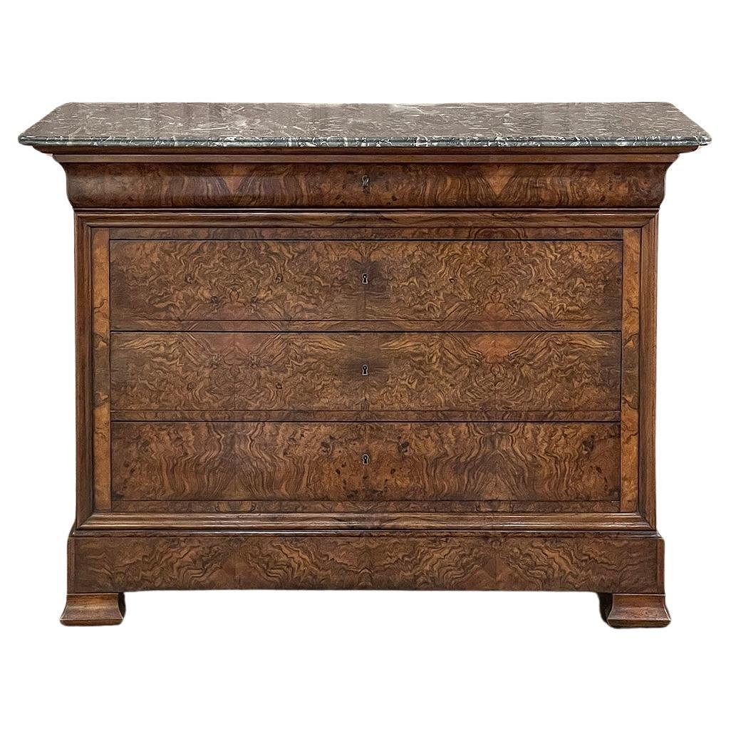 19th Century French Louis Philippe Burl Walnut Chest of Drawers with Marble Top For Sale