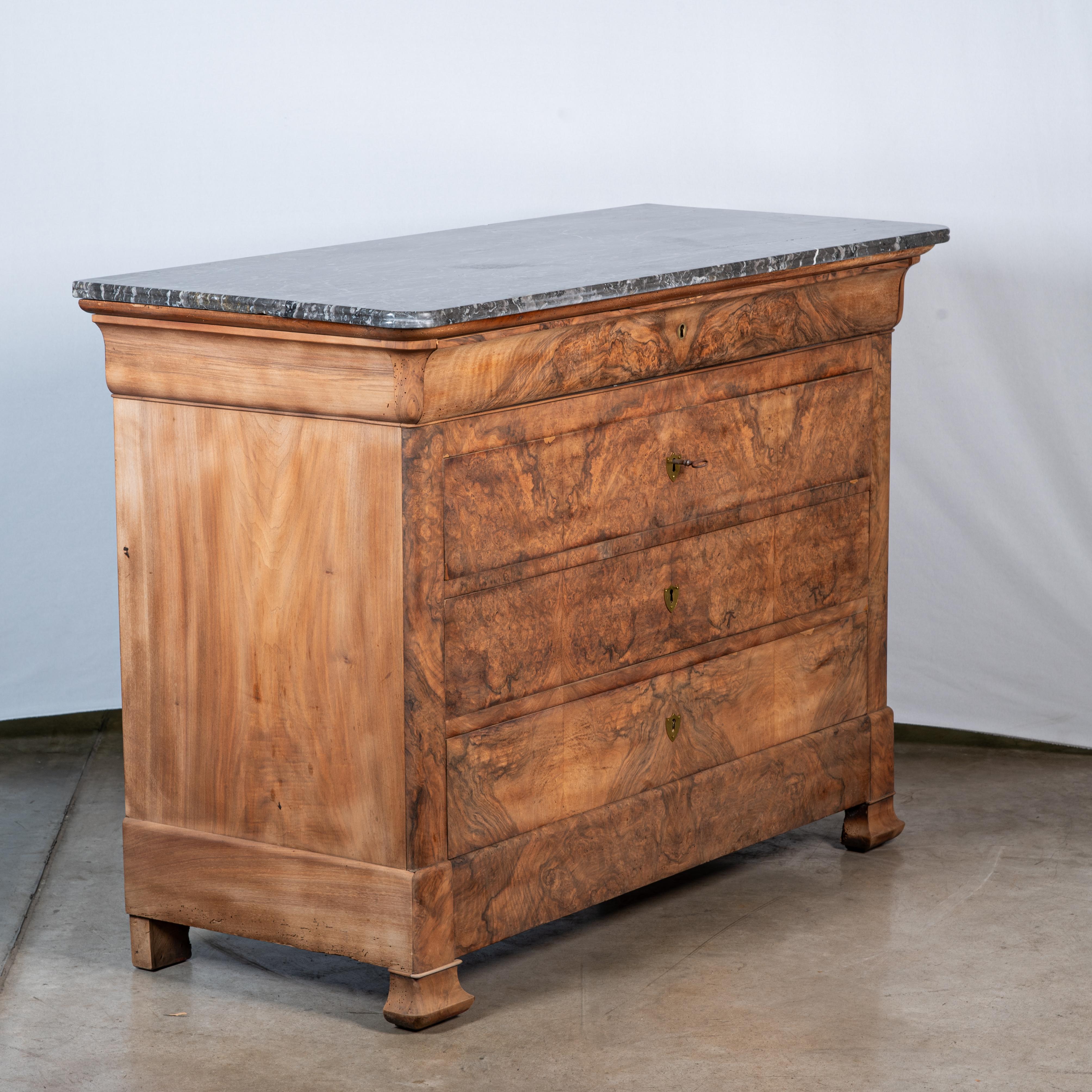 Marble 19th Century French Louis Philippe Burl Walnut Commode For Sale