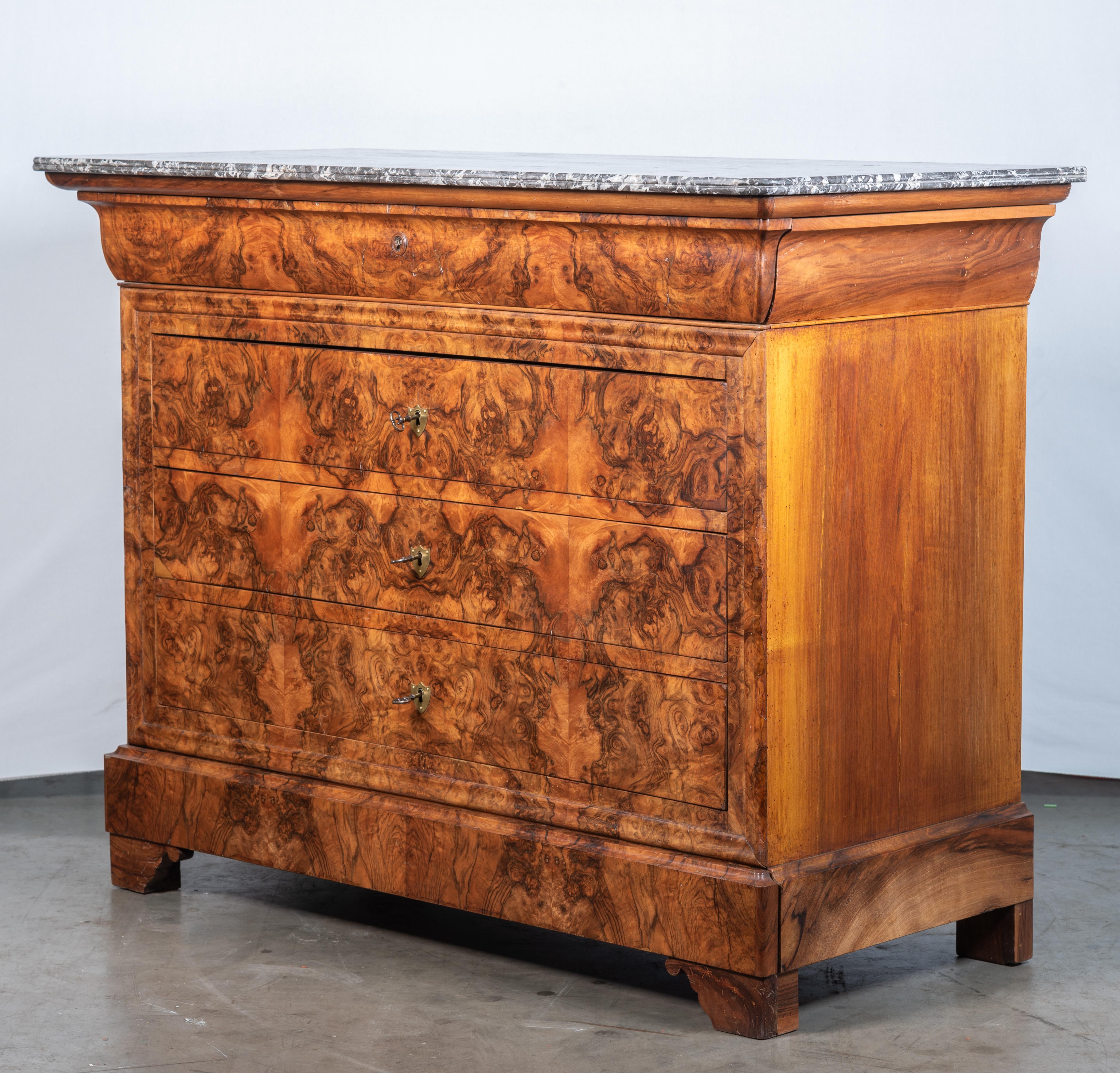 Marble 19th Century French Louis Philippe Burl Walnut Commode For Sale
