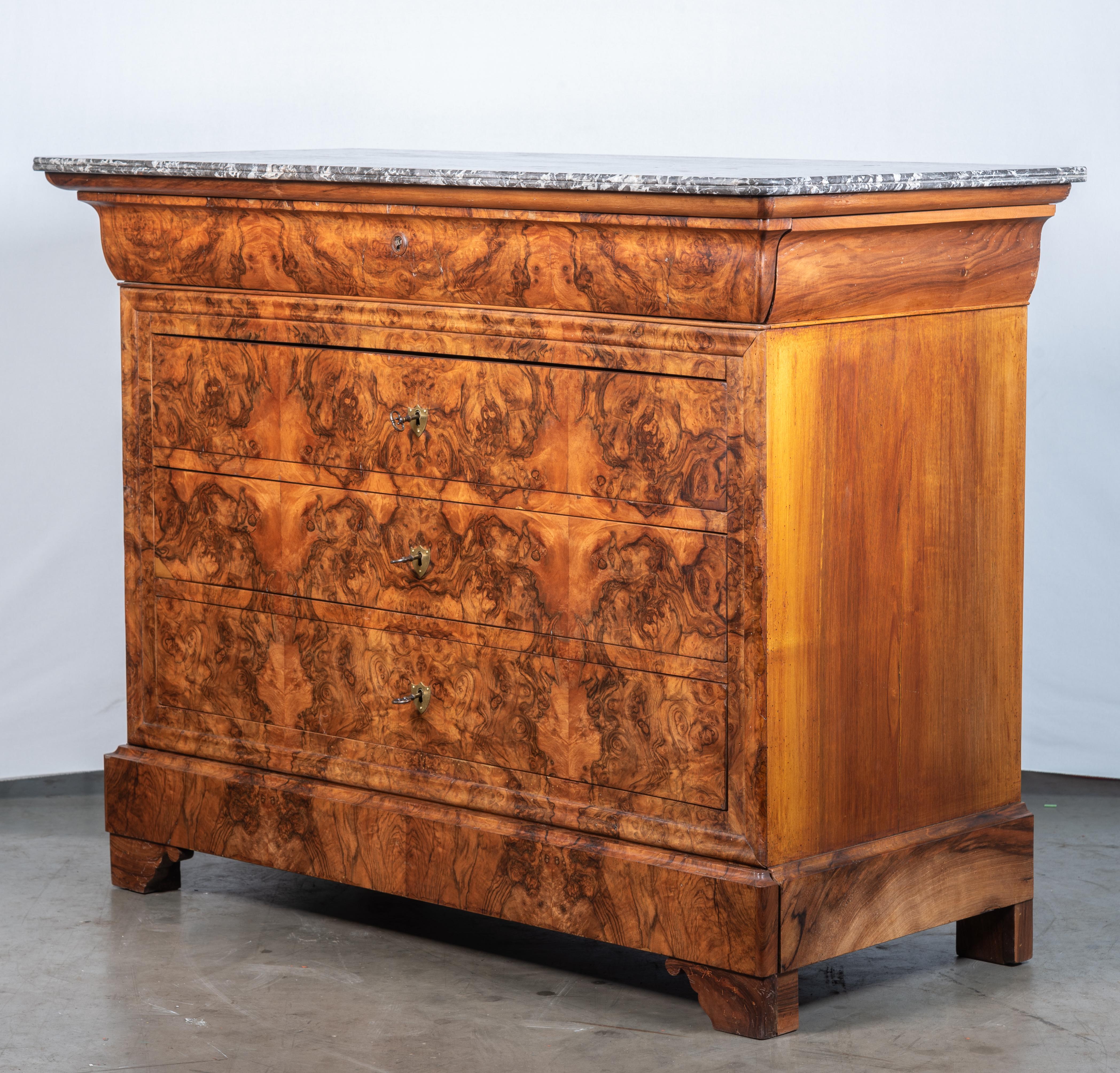 Marble 19th Century French Louis Philippe Burl Walnut Commode