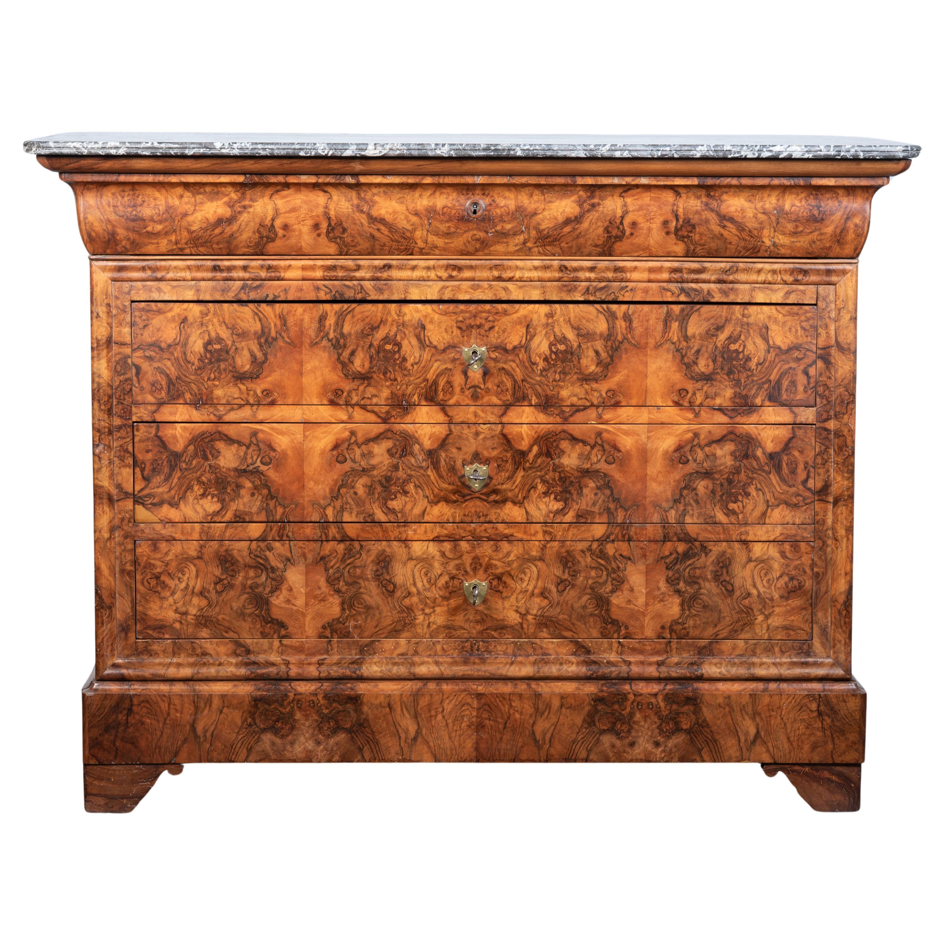 19th Century French Louis Philippe Burl Walnut Commode For Sale