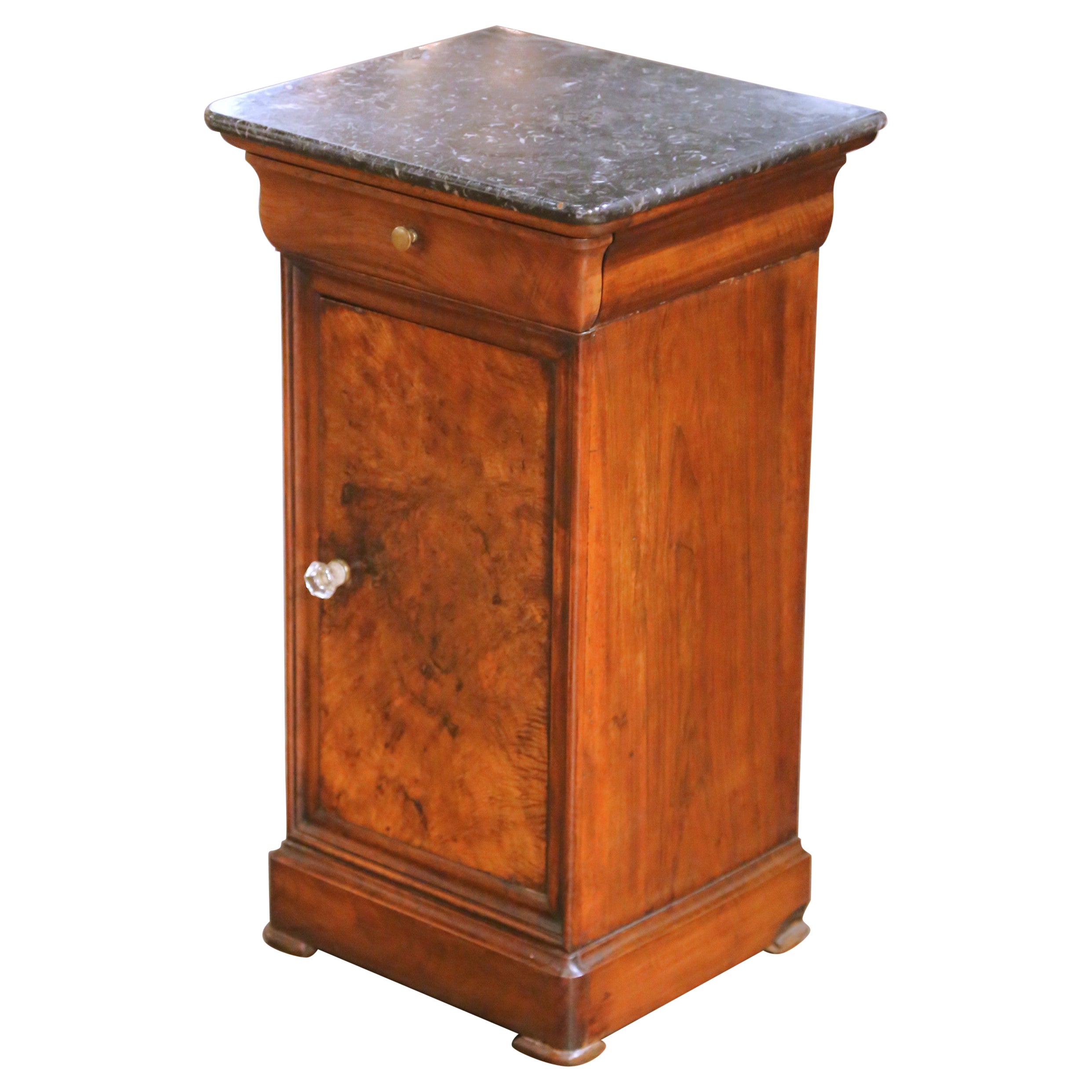 19th Century French Louis Philippe Burl Walnut Marble-Top Bedside Cabinet in vendita