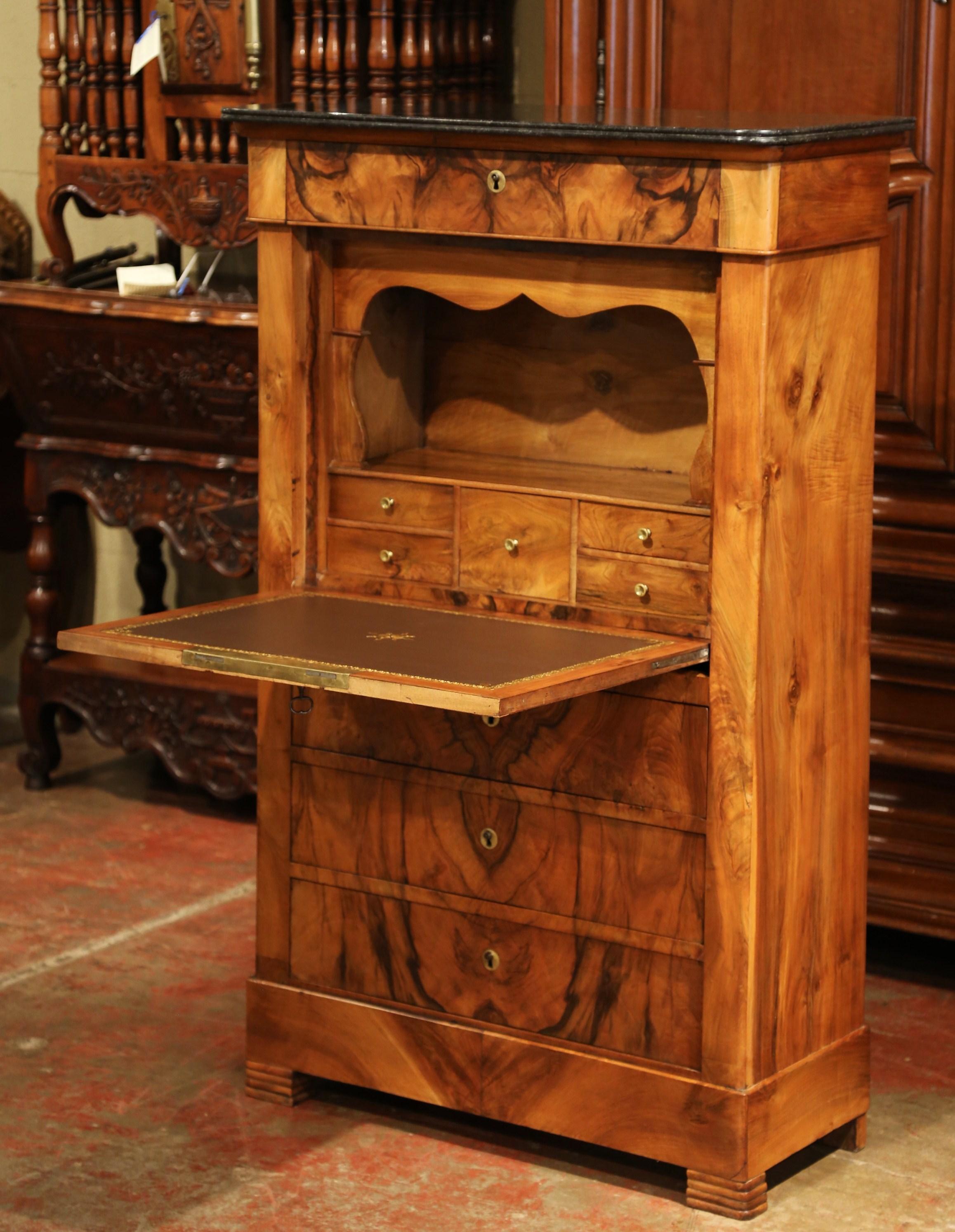 Hand-Carved 19th Century French Louis Philippe Burl Walnut Secretary Desk with Marble Top