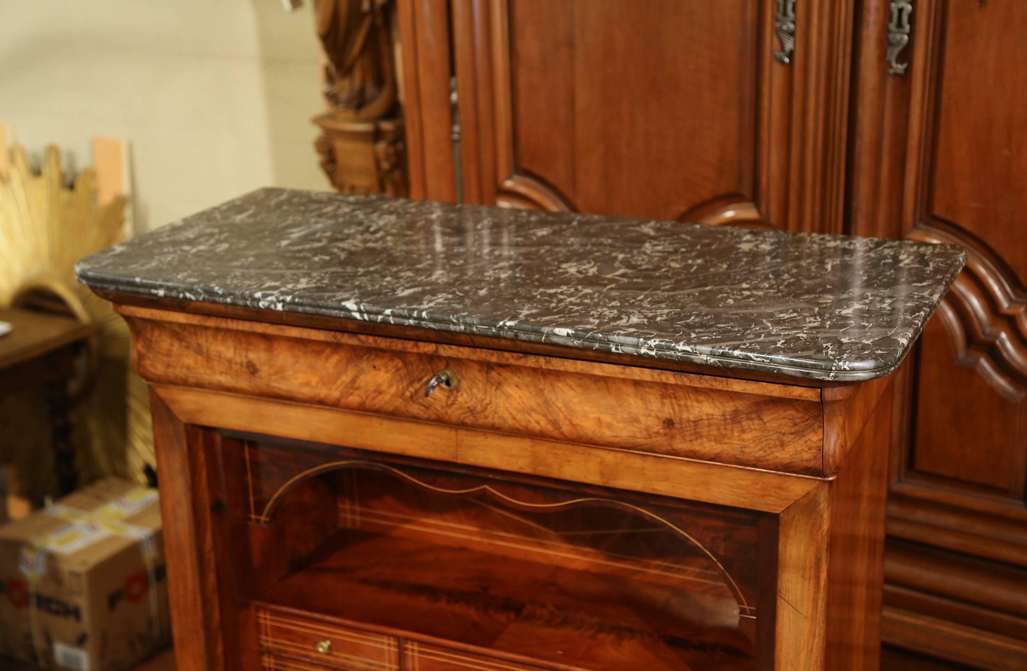 Hand-Carved 19th Century French Louis Philippe Burl Walnut Secretary with Black Marble Top