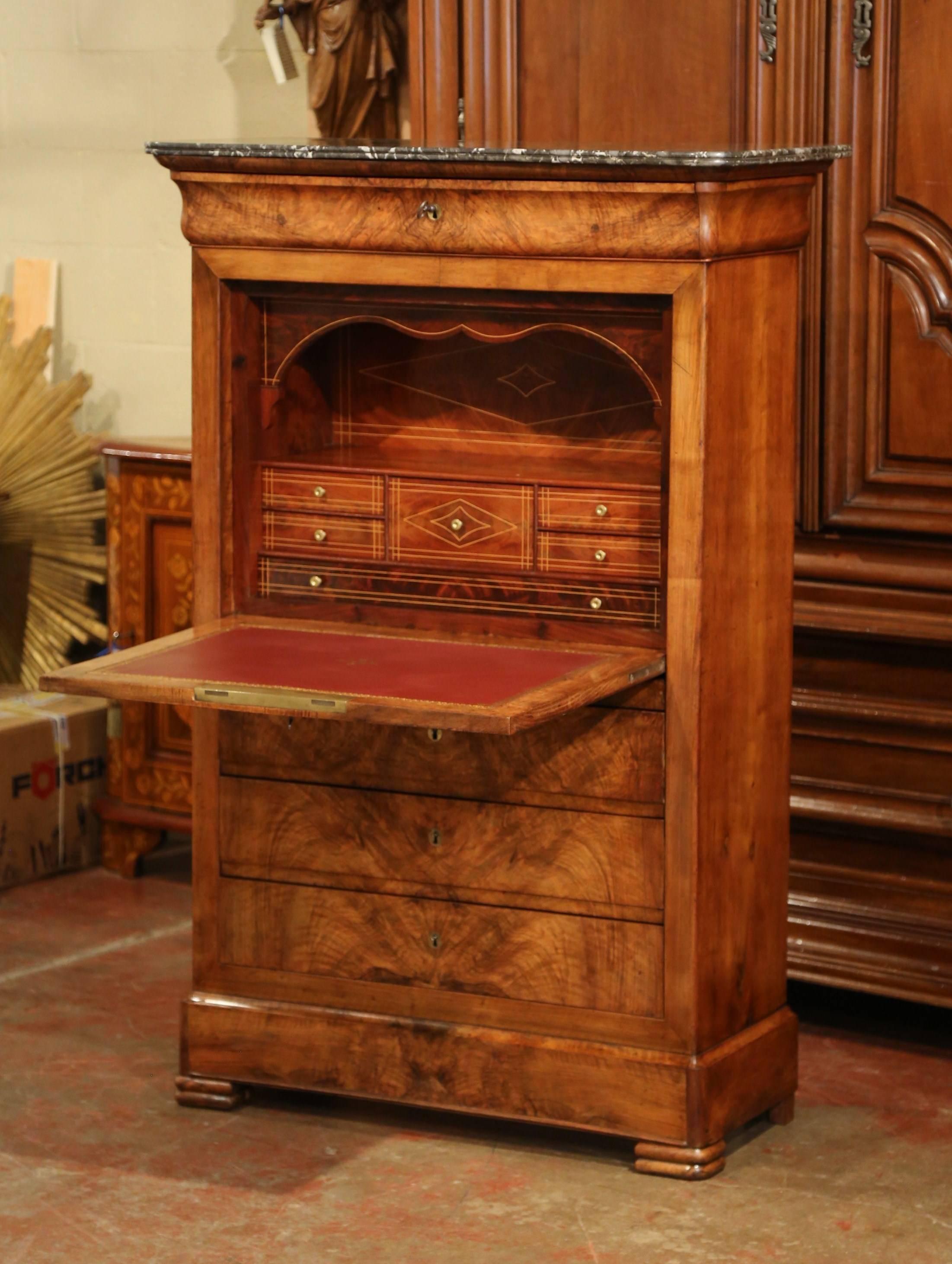 19th Century French Louis Philippe Burl Walnut Secretary with Black Marble Top In Excellent Condition In Dallas, TX