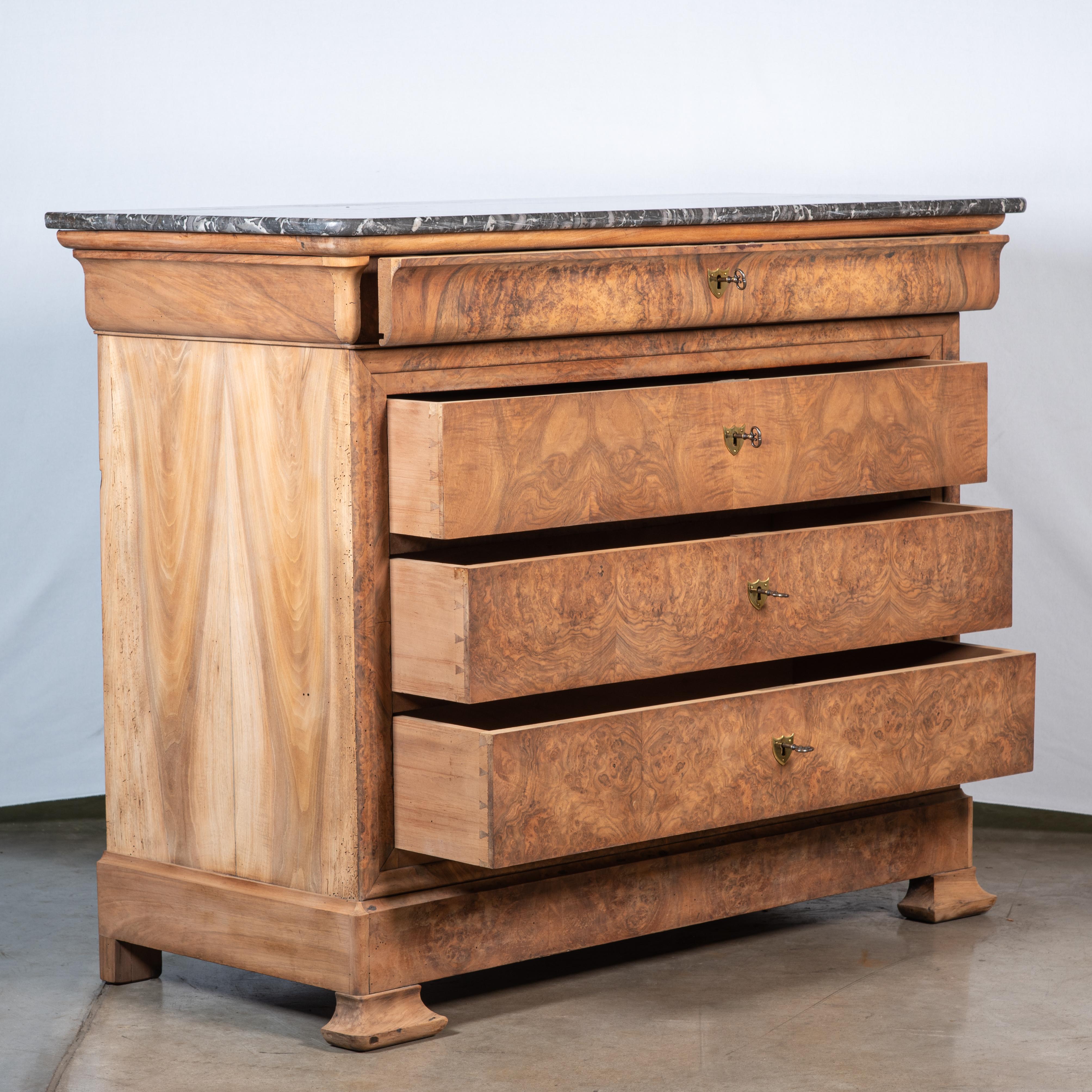 Marble 19th Century French Louis Philippe Burl Walnut Veneer Commode For Sale