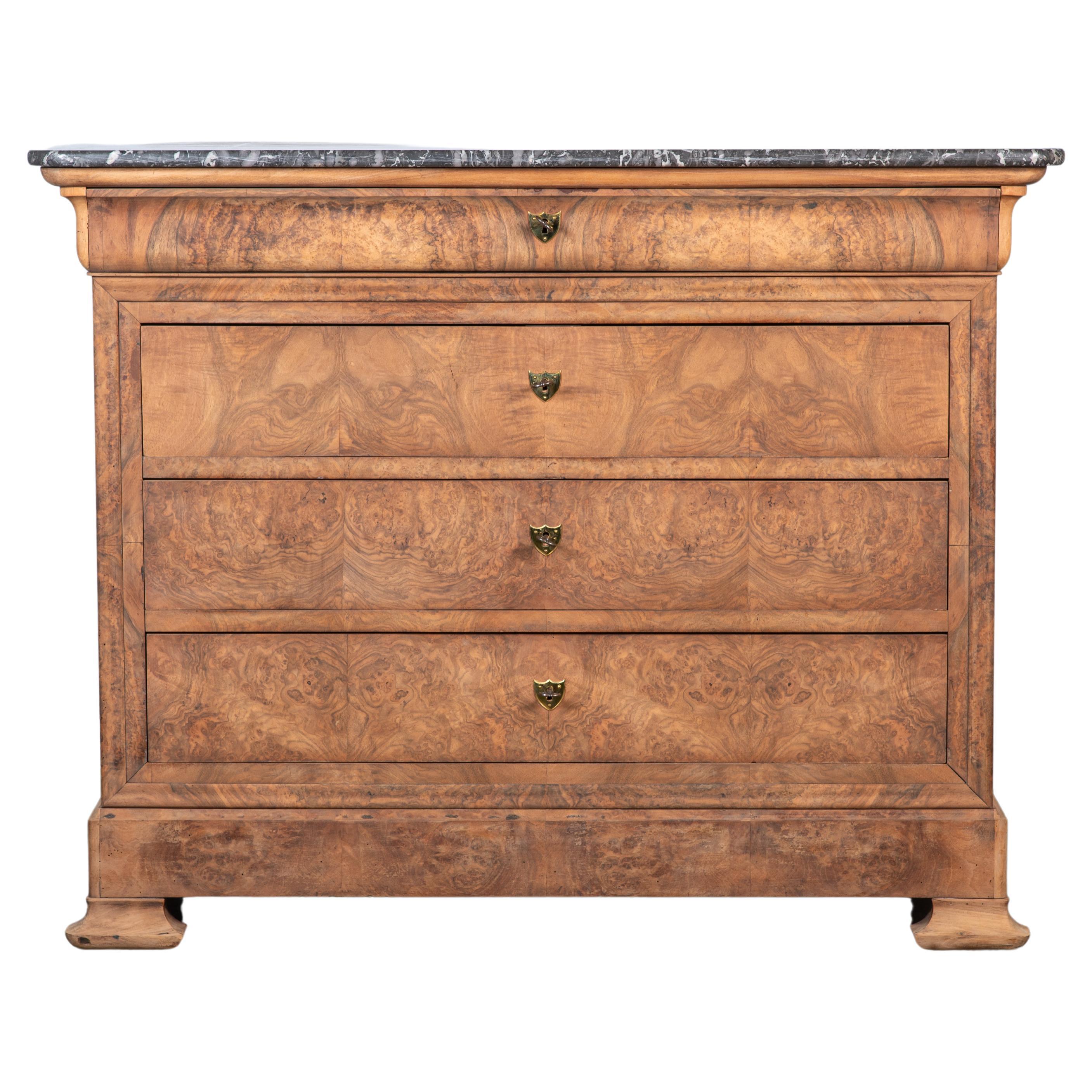 19th Century French Louis Philippe Burl Walnut Veneer Commode For Sale
