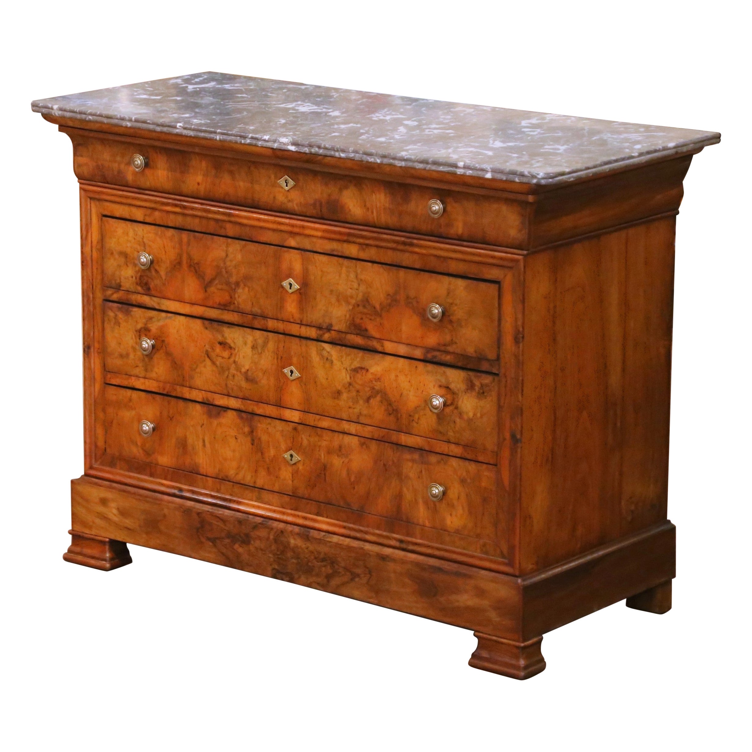 19th Century French Louis Philippe Burled Mahogany Commode with Marble Top