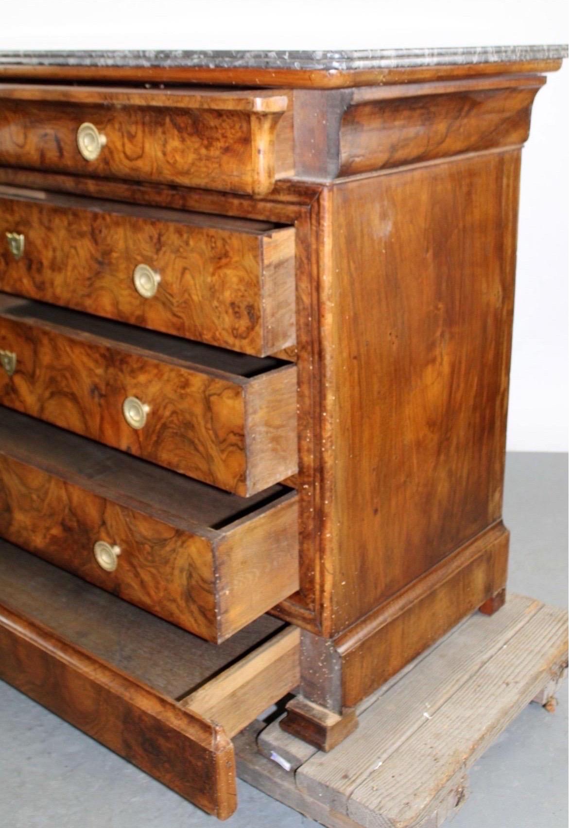 Hand-Crafted 19th Century French Louis Philippe Burled Walnut Commode with Marble