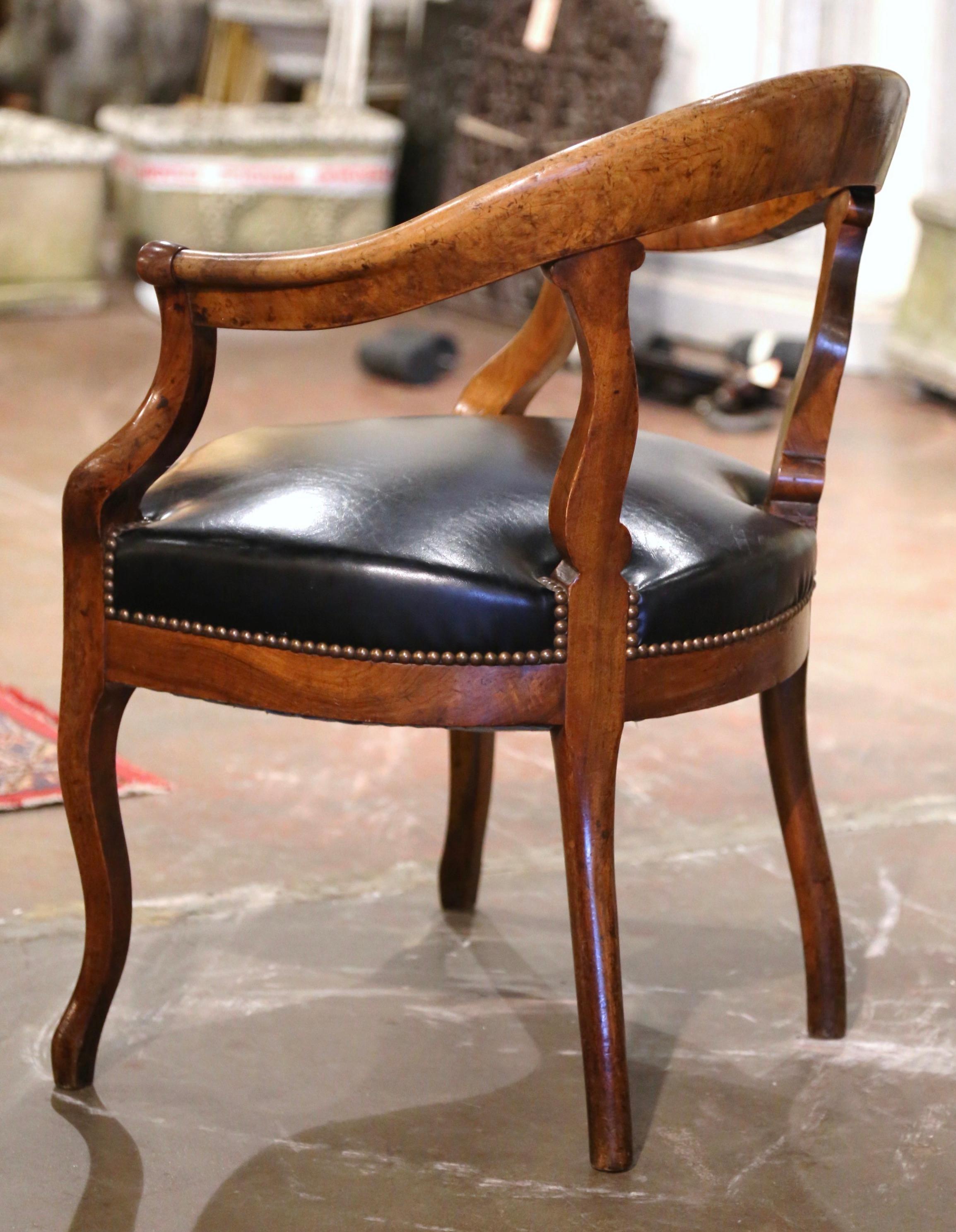 19th Century French Louis Philippe Carved Elm and Black Leather Desk Armchair 6