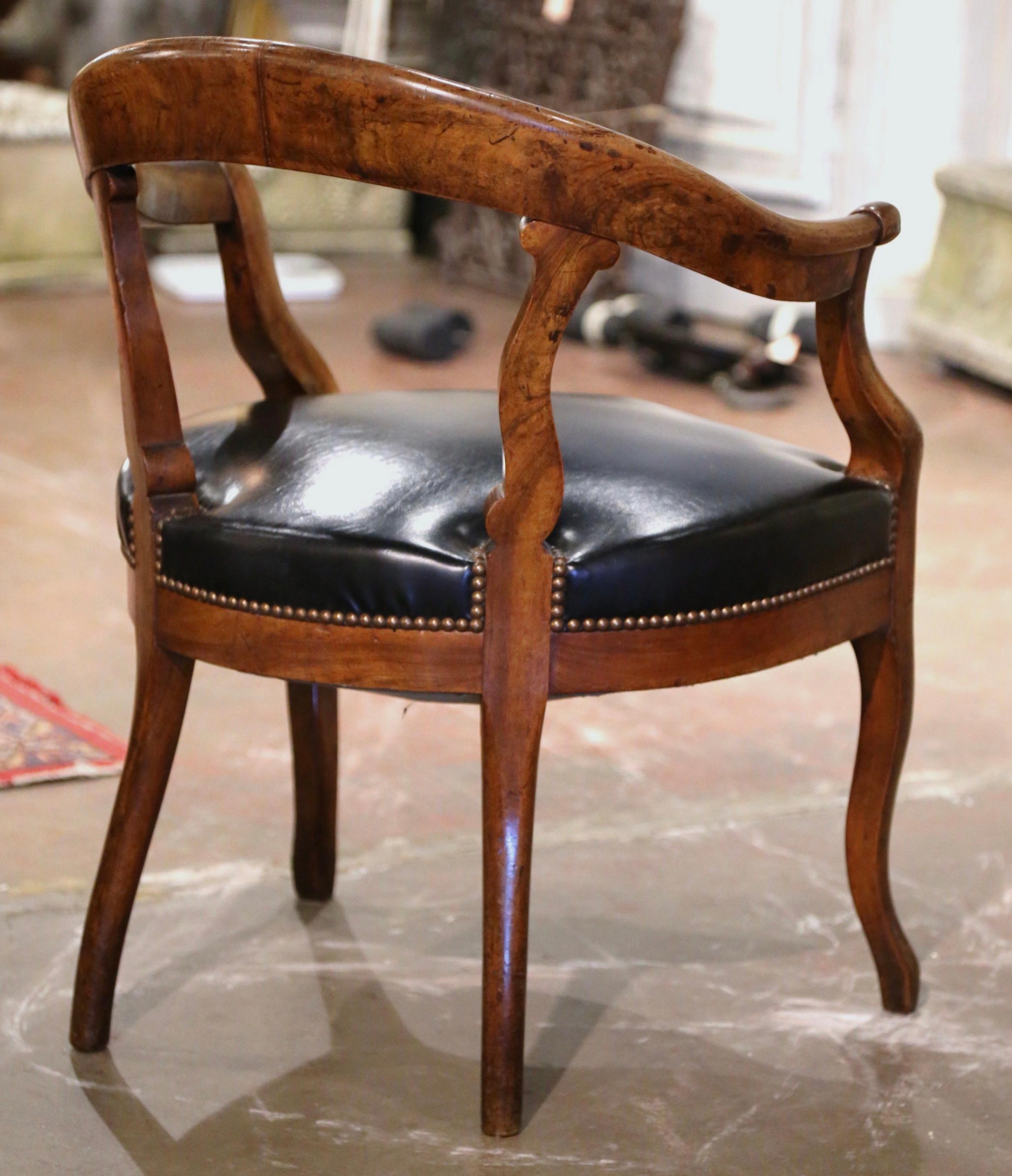 19th Century French Louis Philippe Carved Elm and Black Leather Desk Armchair 7