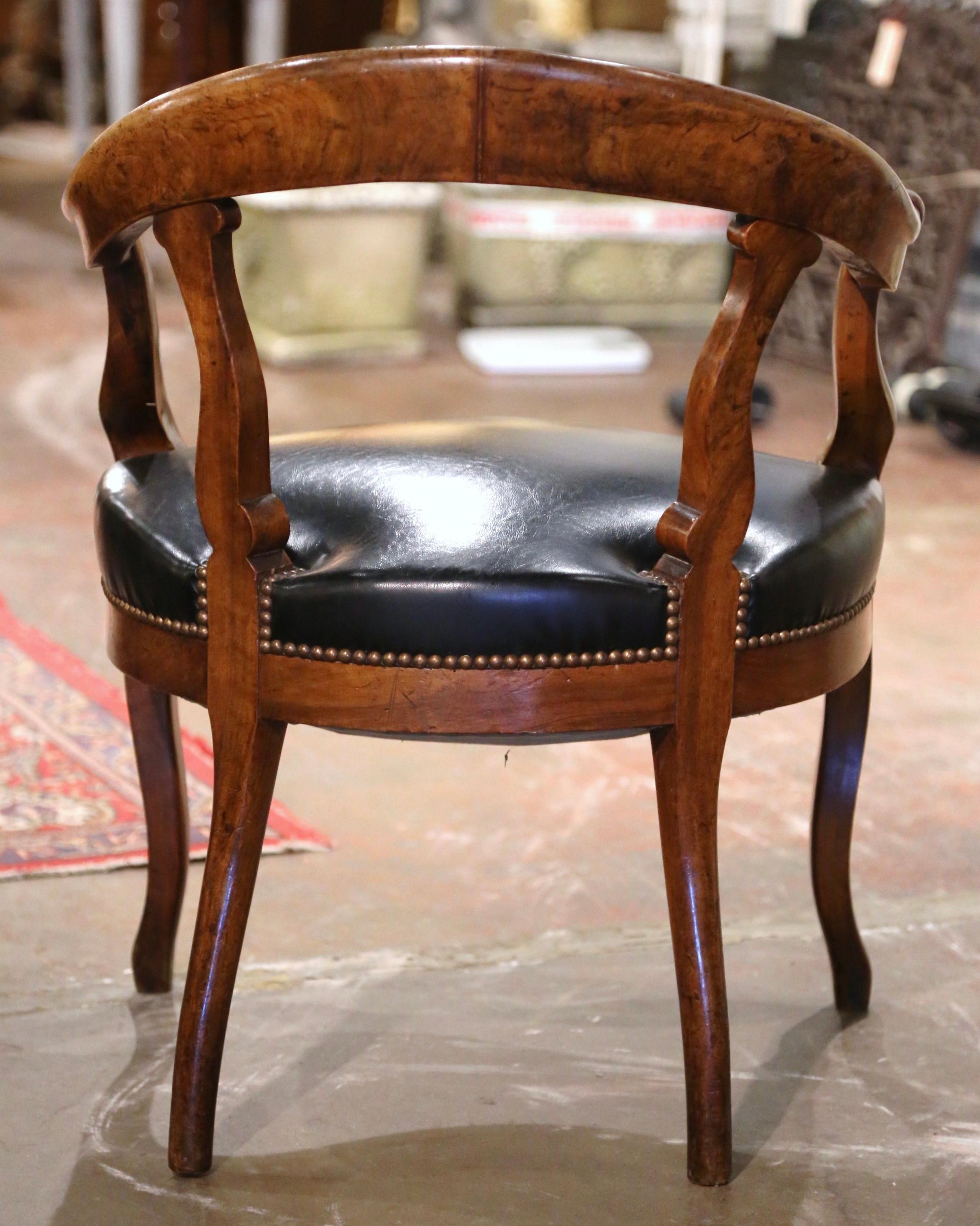 19th Century French Louis Philippe Carved Elm and Black Leather Desk Armchair 8