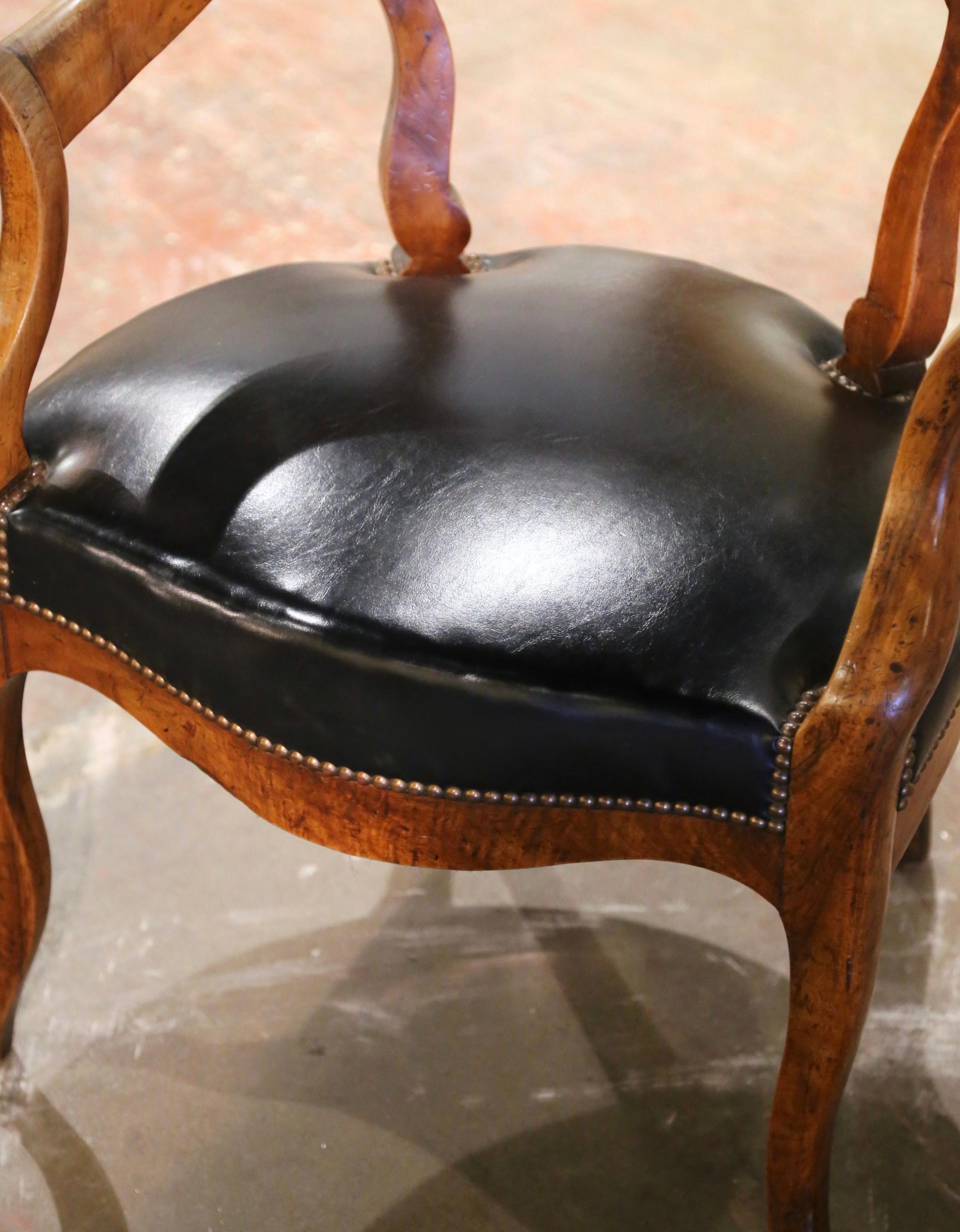 Hand-Carved 19th Century French Louis Philippe Carved Elm and Black Leather Desk Armchair