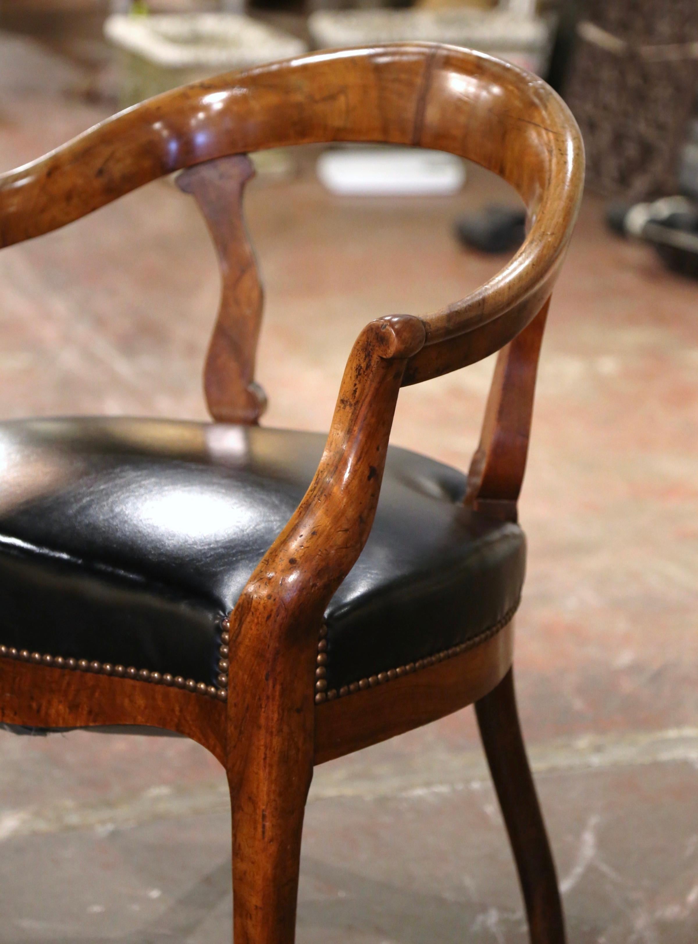 19th Century French Louis Philippe Carved Elm and Black Leather Desk Armchair In Excellent Condition In Dallas, TX