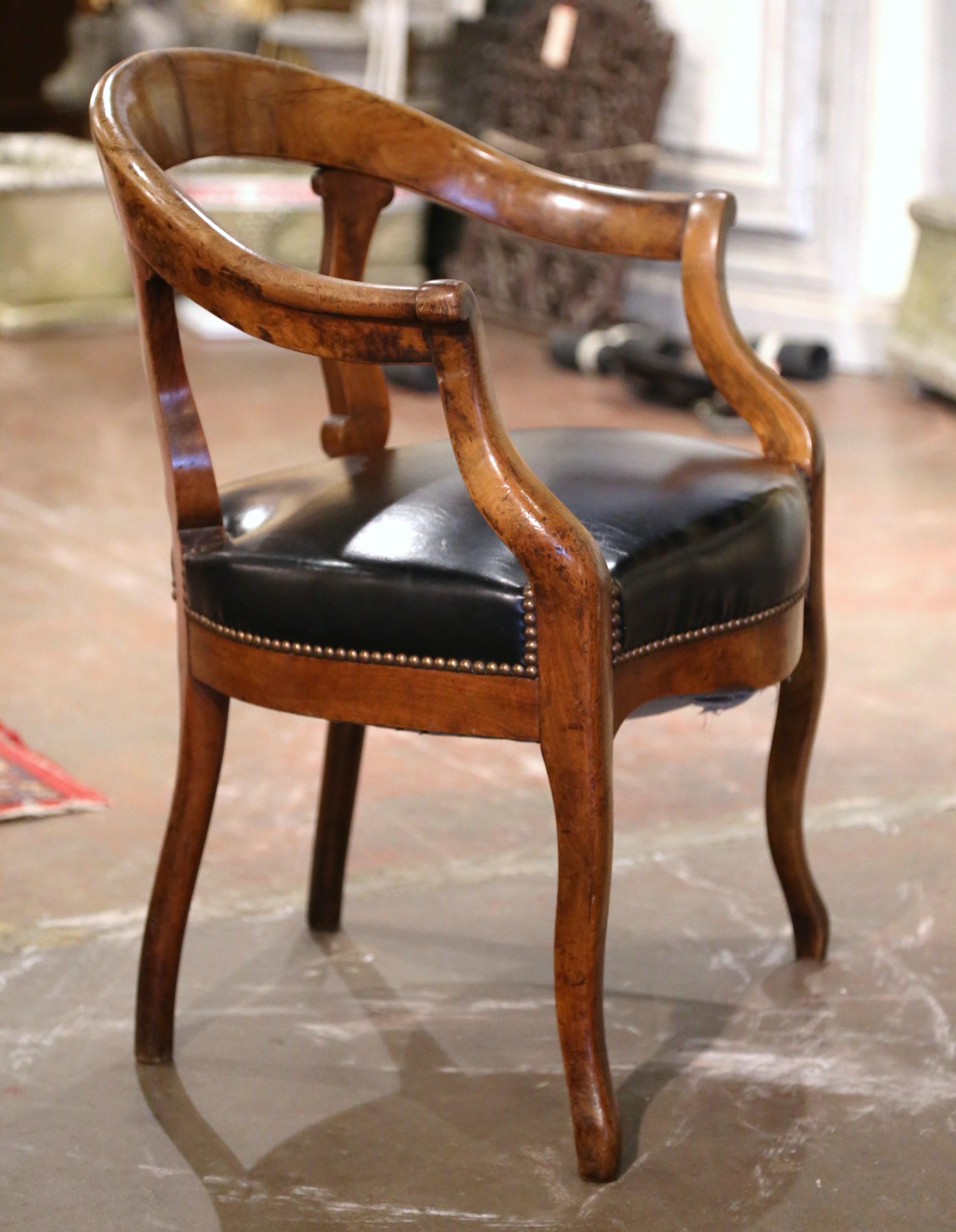 19th Century French Louis Philippe Carved Elm and Black Leather Desk Armchair 2