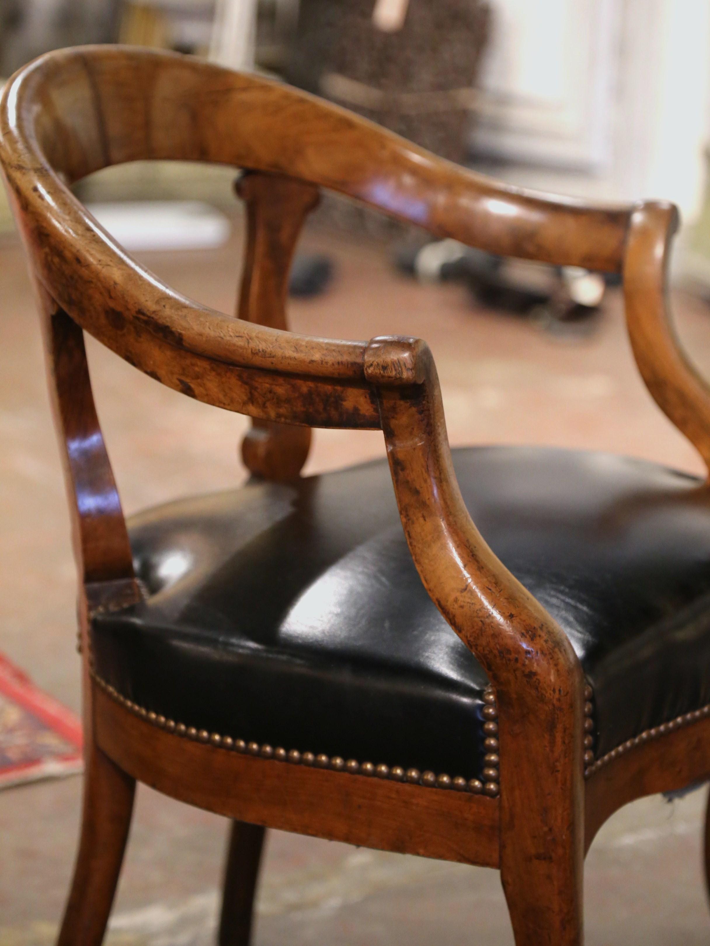 19th Century French Louis Philippe Carved Elm and Black Leather Desk Armchair 3