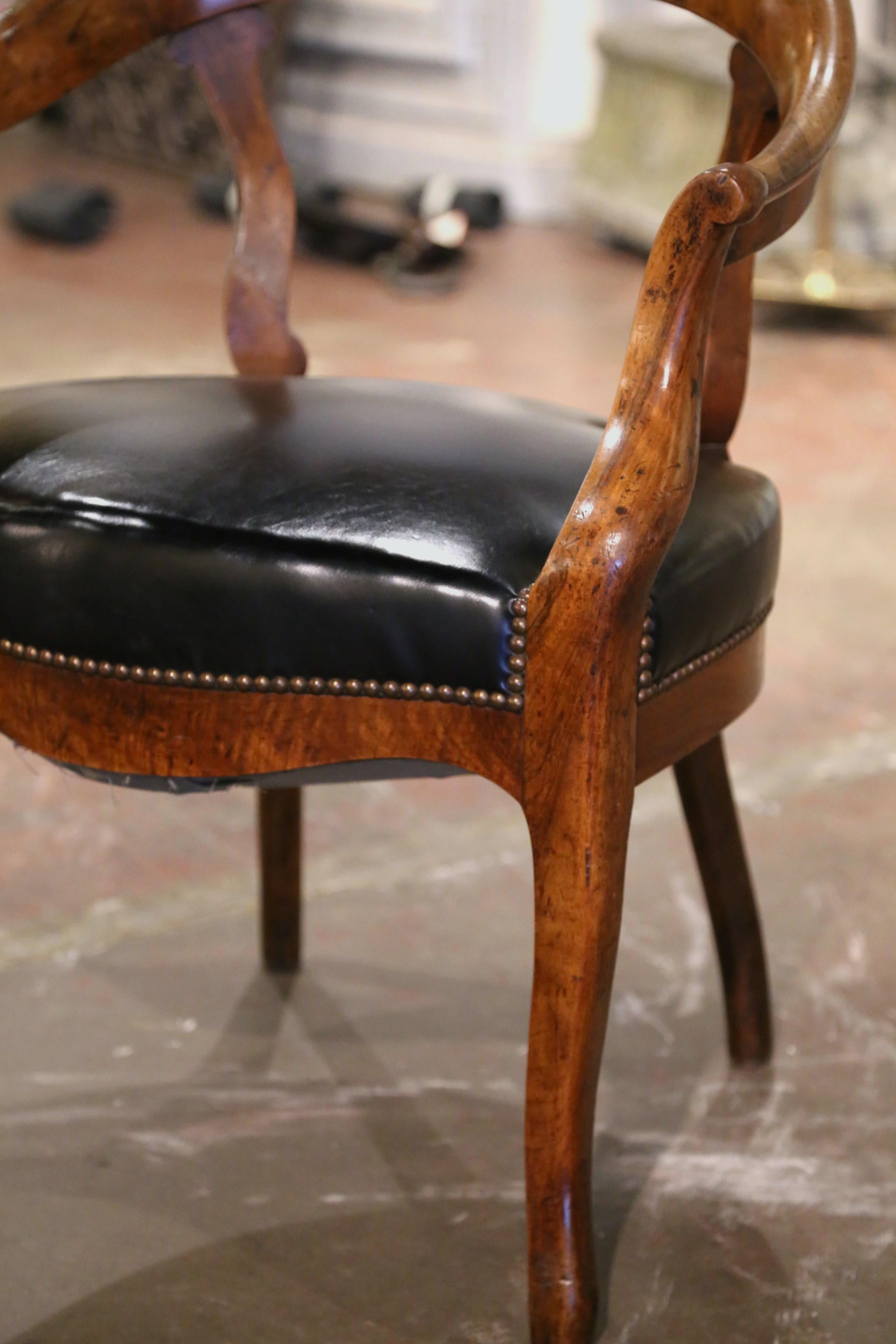 19th Century French Louis Philippe Carved Elm and Black Leather Desk Armchair 4
