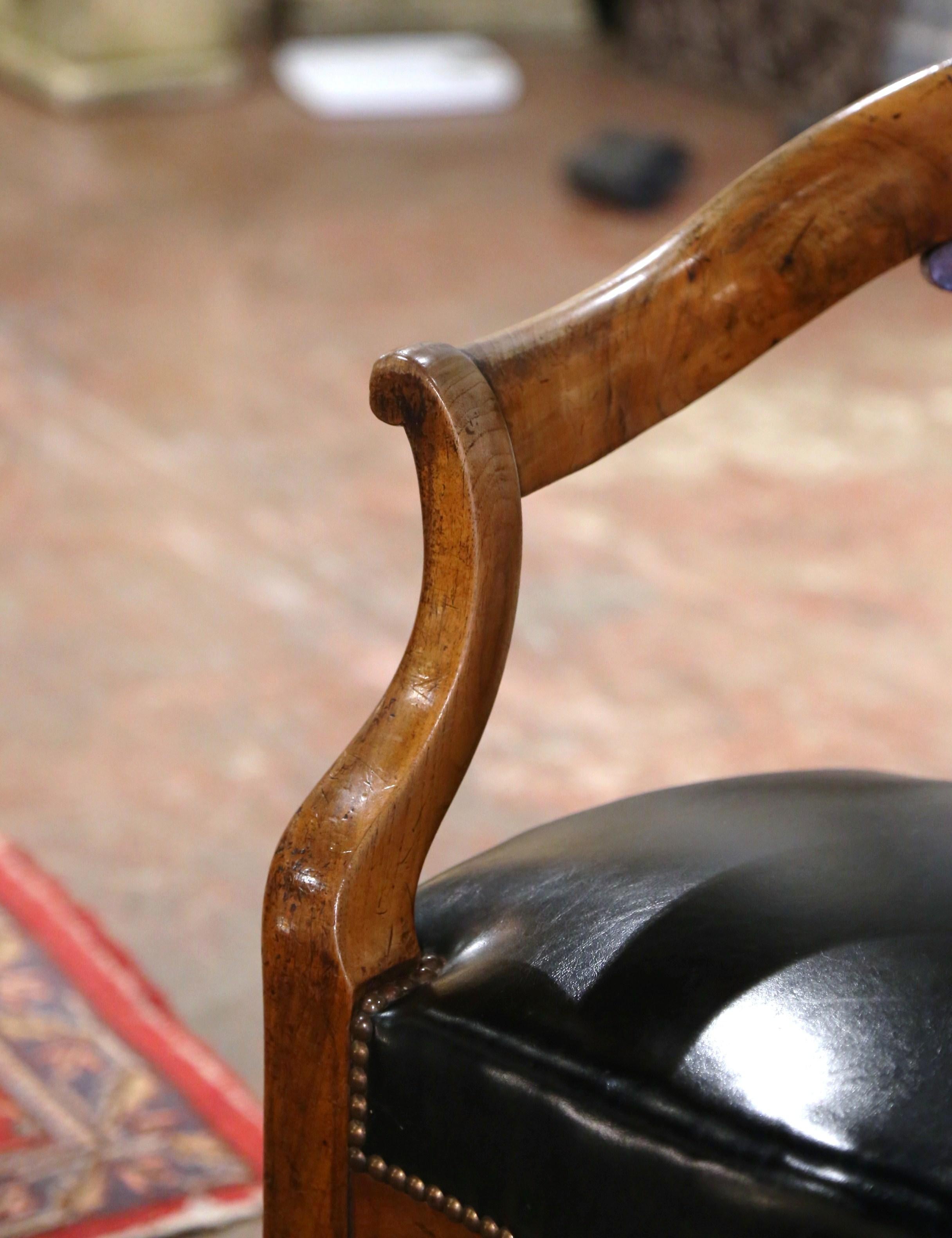 19th Century French Louis Philippe Carved Elm and Black Leather Desk Armchair 5