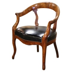 Fauteuil de bureau français Louis Philippe du 19ème siècle en orme sculpté et cuir noir