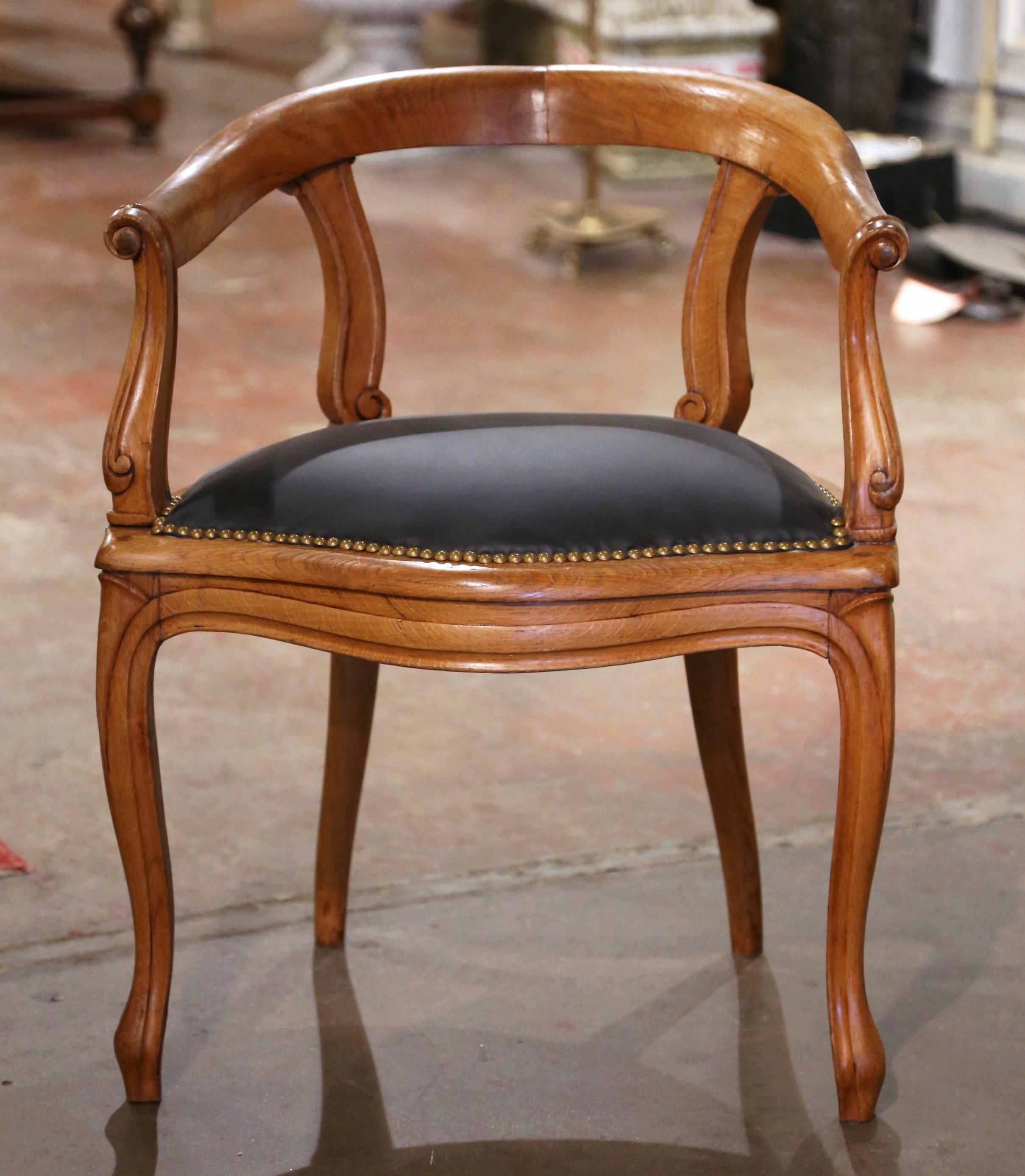 Directoire 19th Century French Louis Philippe Carved Elm and Leather Desk Armchair 