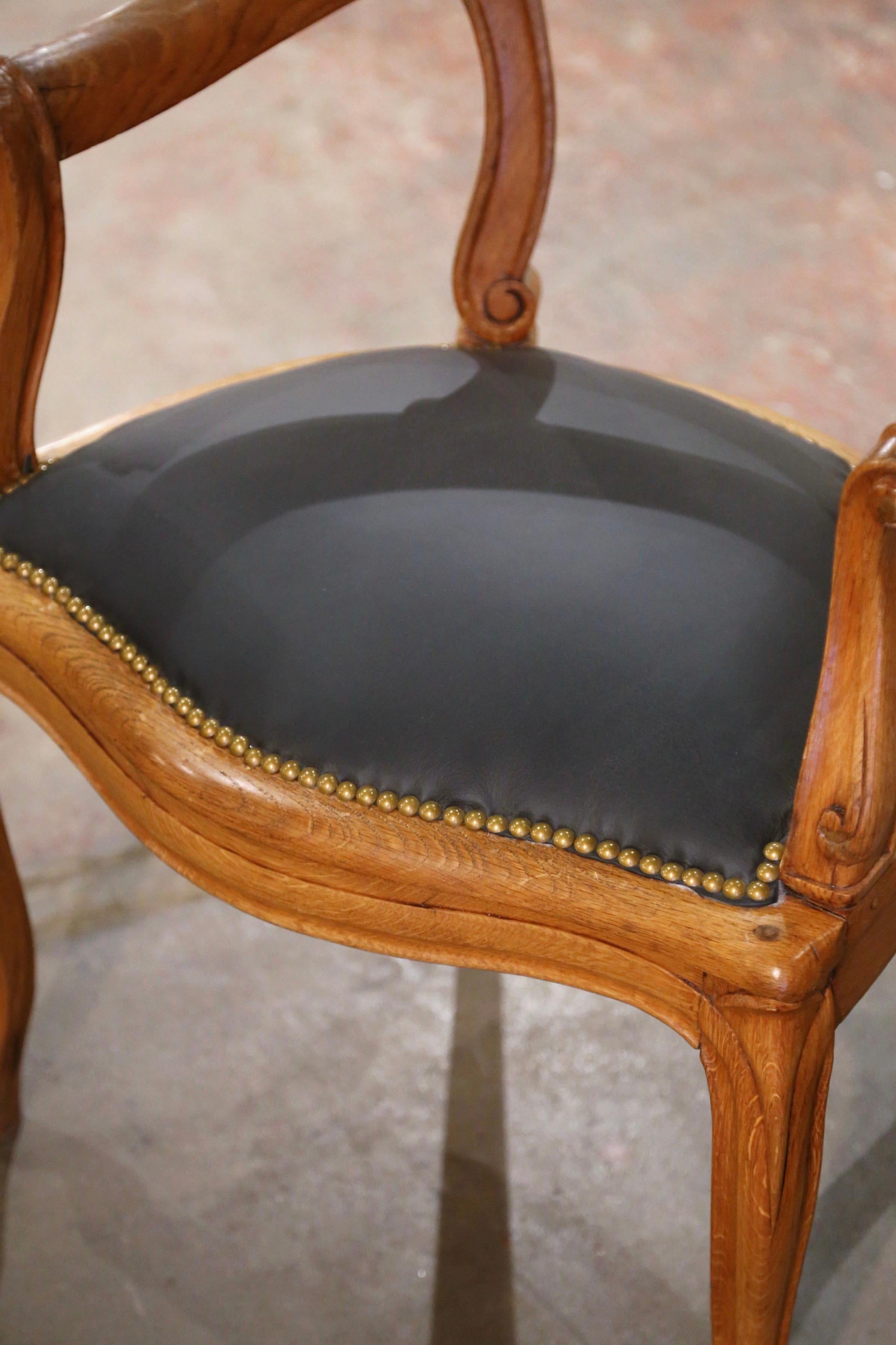 Hand-Carved 19th Century French Louis Philippe Carved Elm and Leather Desk Armchair 
