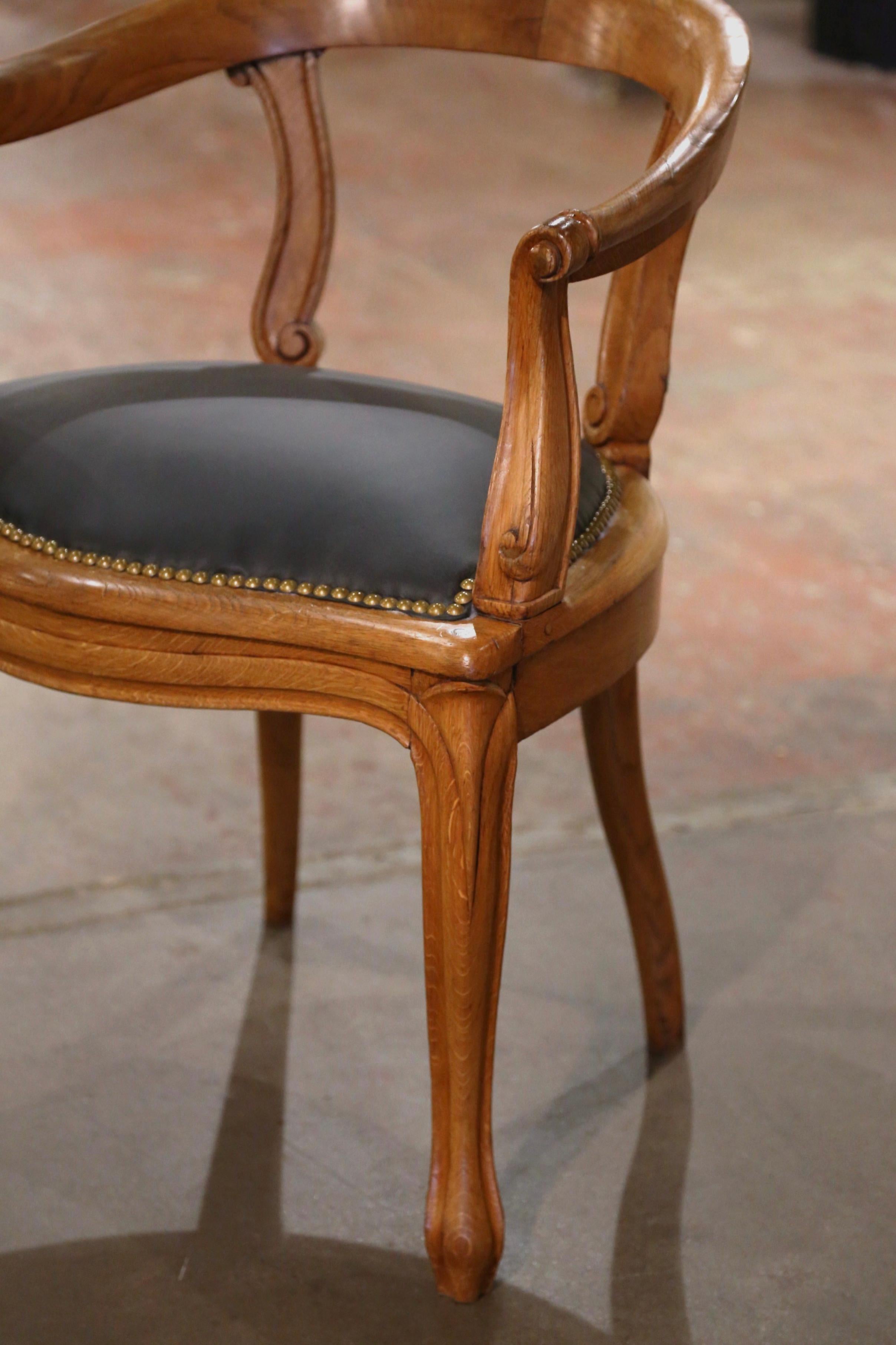 19th Century French Louis Philippe Carved Elm and Leather Desk Armchair  In Excellent Condition In Dallas, TX