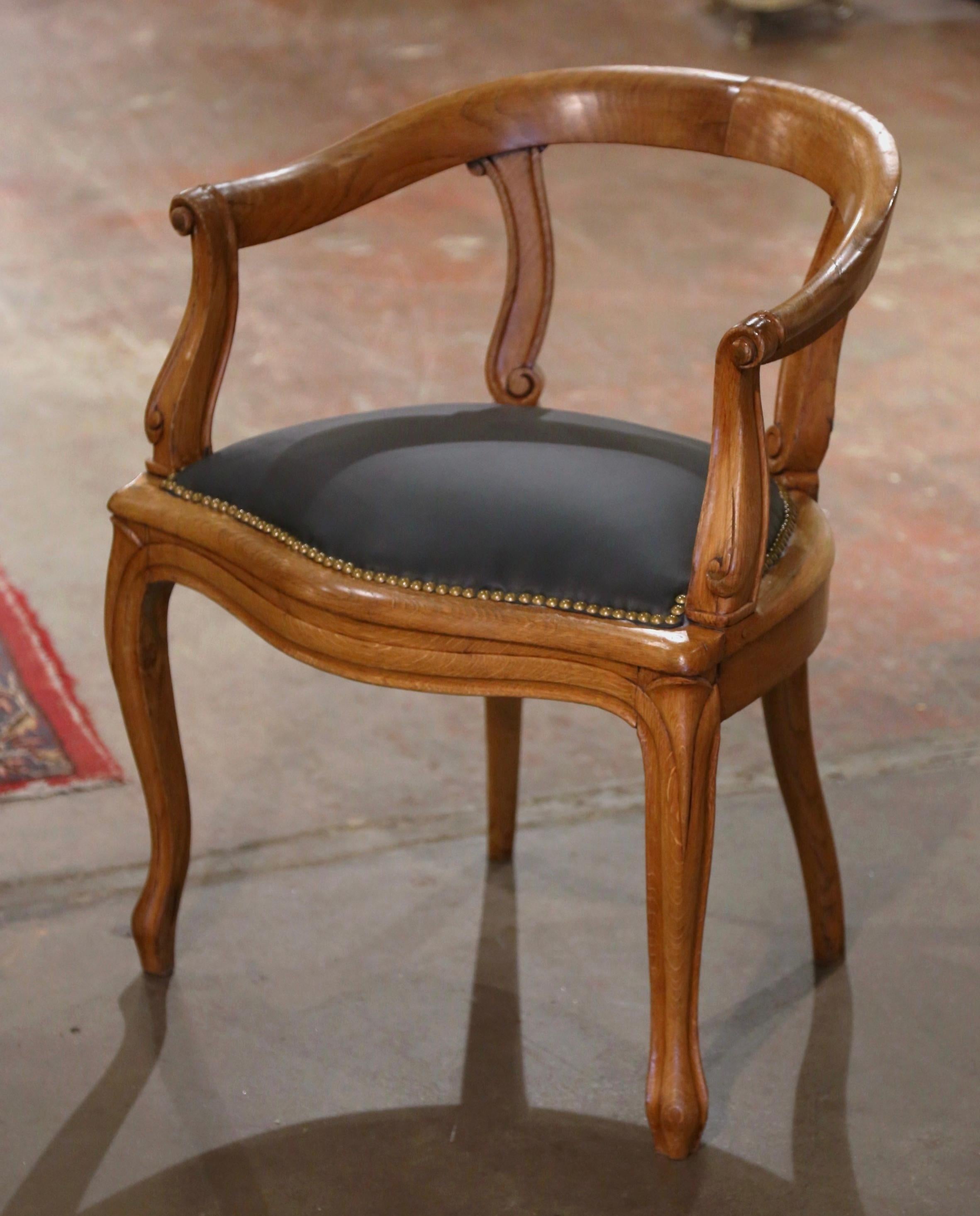 19th Century French Louis Philippe Carved Elm and Leather Desk Armchair  1