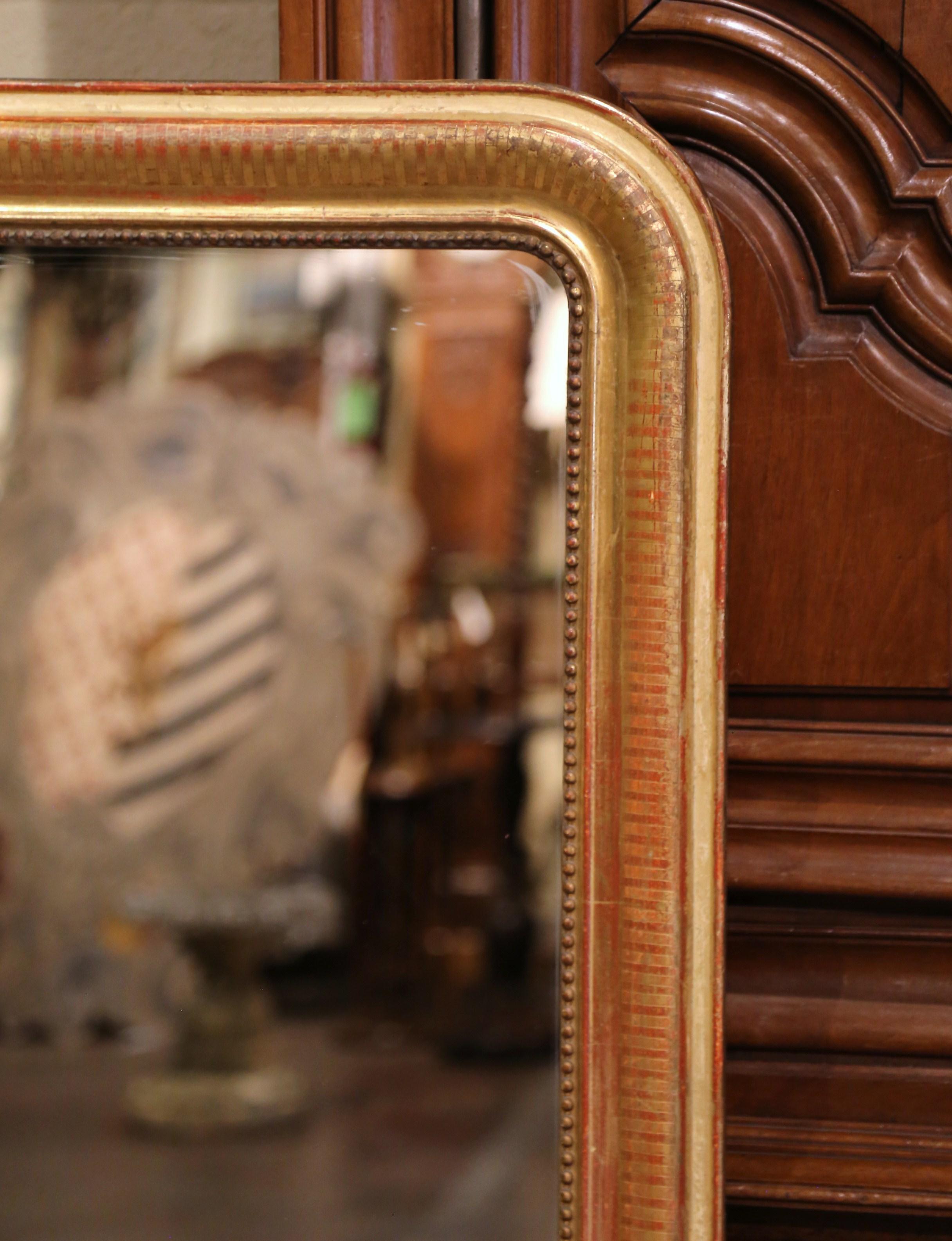 19th Century French Louis Philippe Carved Giltwood Mantel Mirror with Engraving In Excellent Condition In Dallas, TX