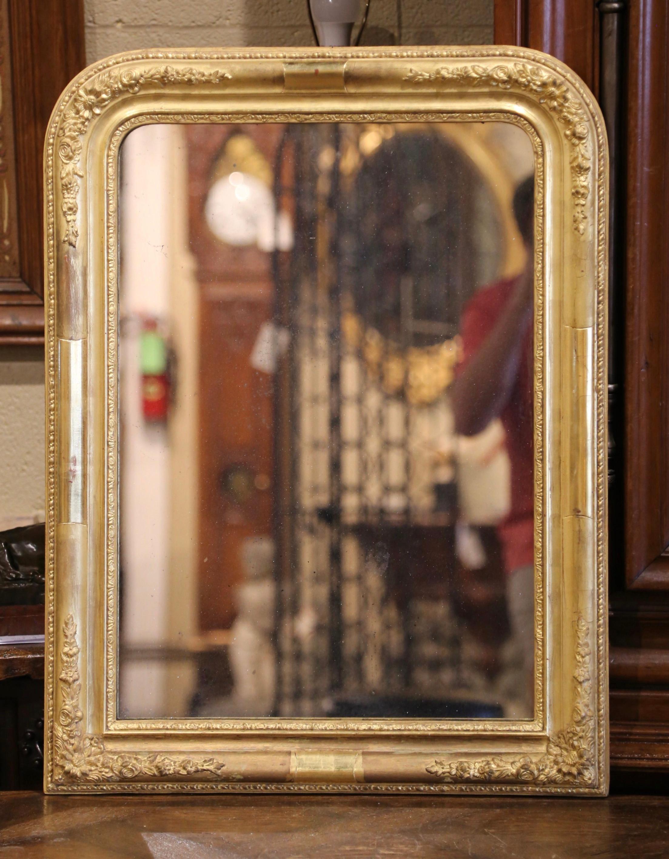 Mercury Glass 19th Century French Louis Philippe Carved Giltwood Mirror with Floral Decor