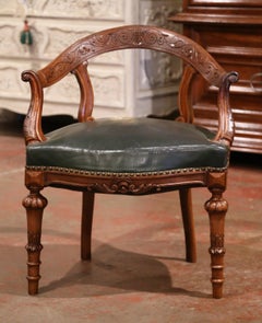 19th Century French Louis Philippe Carved Oak Desk Armchair with Green Leather