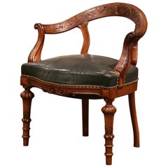 19th Century French Louis Philippe Carved Oak Desk Armchair with Green Leather 