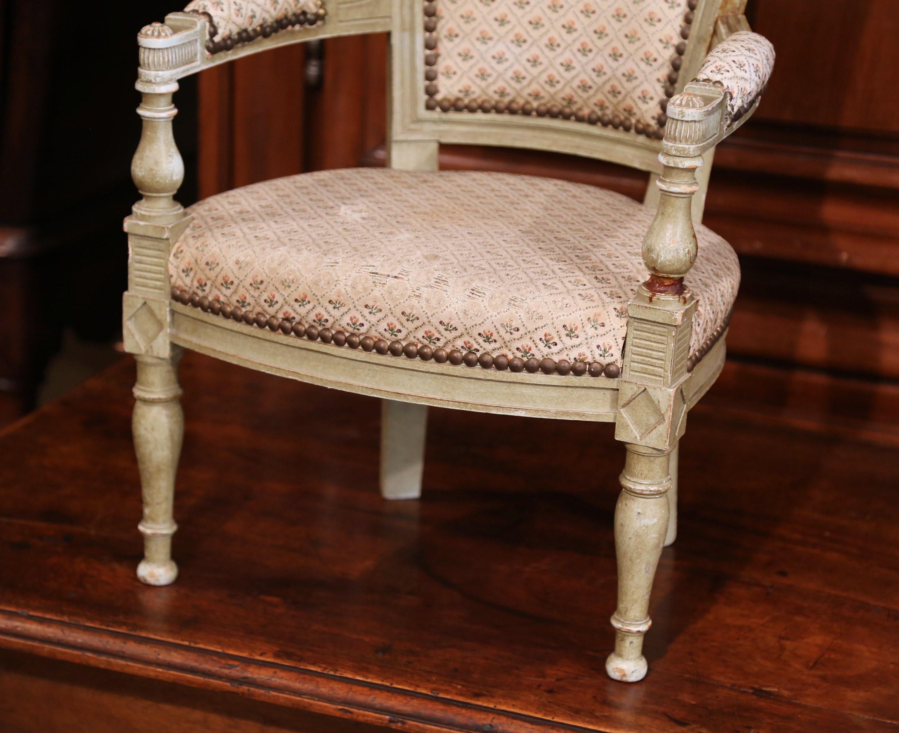 Hand-Carved 19th Century French Empire Carved Painted and Upholstered Child Armchair For Sale