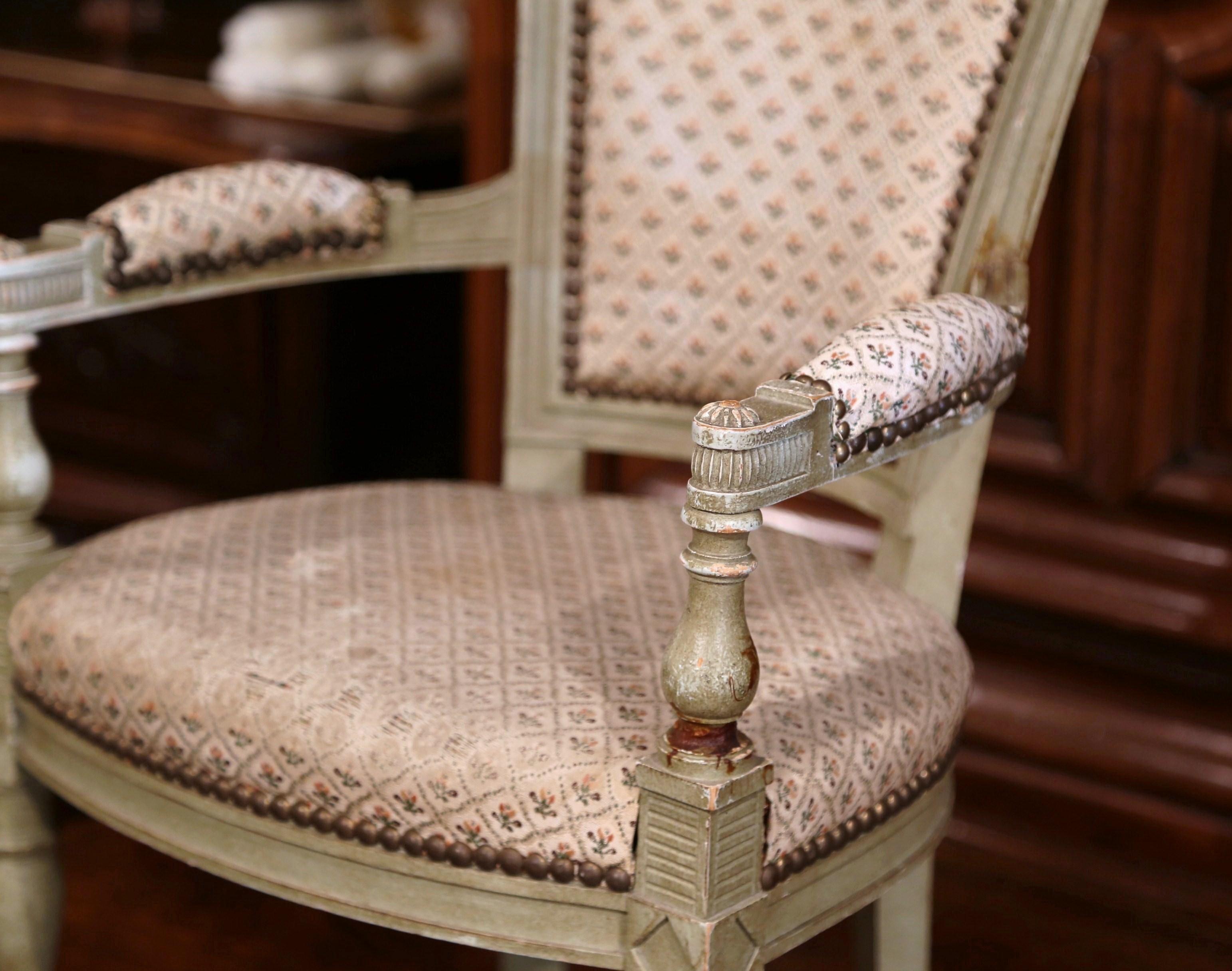 19th Century French Empire Carved Painted and Upholstered Child Armchair In Excellent Condition For Sale In Dallas, TX