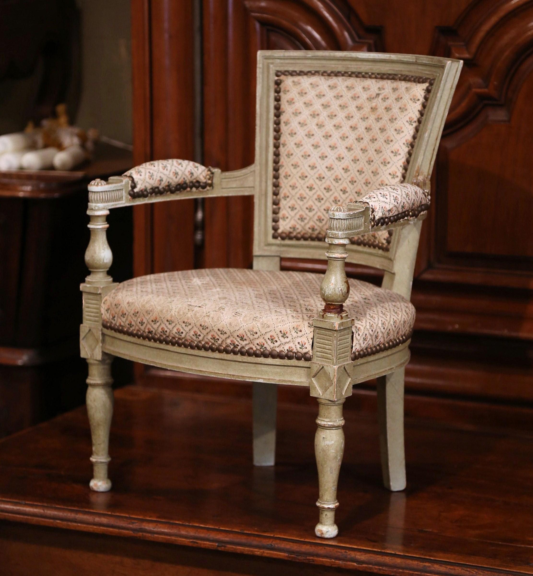 Fabric 19th Century French Empire Carved Painted and Upholstered Child Armchair For Sale