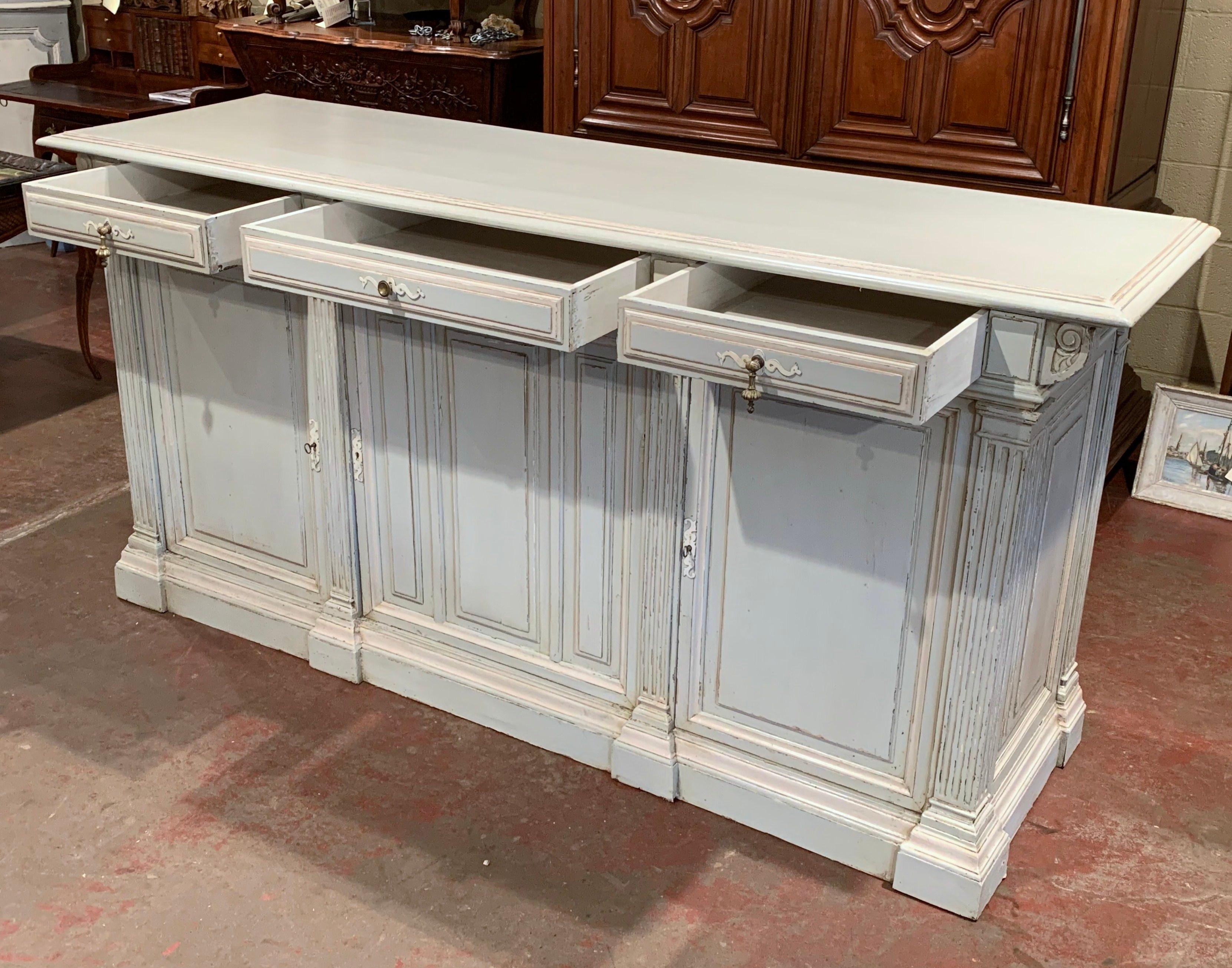 19th Century French Louis Philippe Carved Painted Three-Door Buffet In Excellent Condition In Dallas, TX