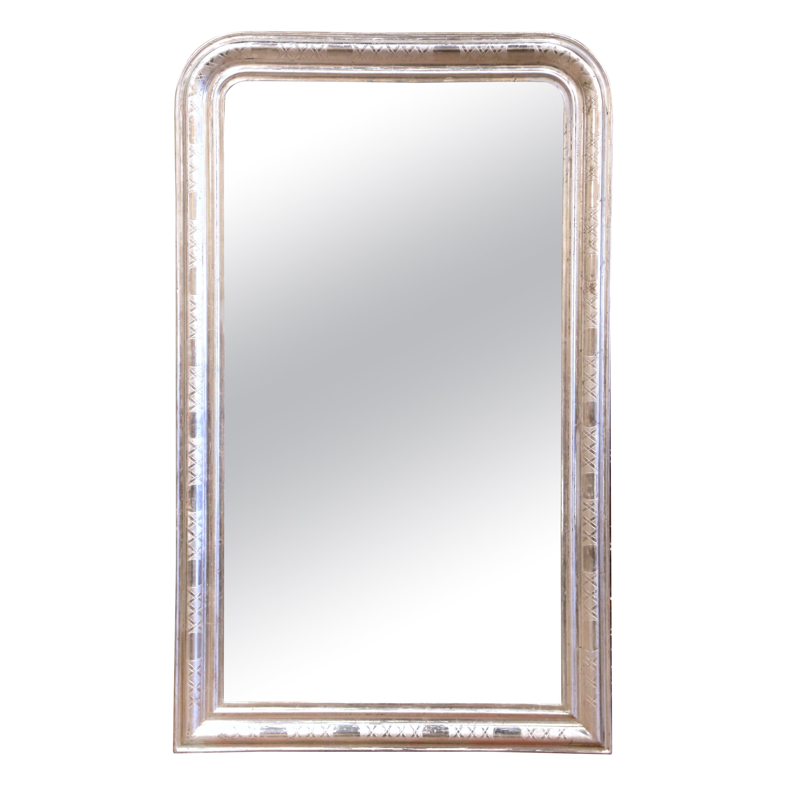 19th Century French Louis Philippe Carved Silvered Mirror with Geometric Decor