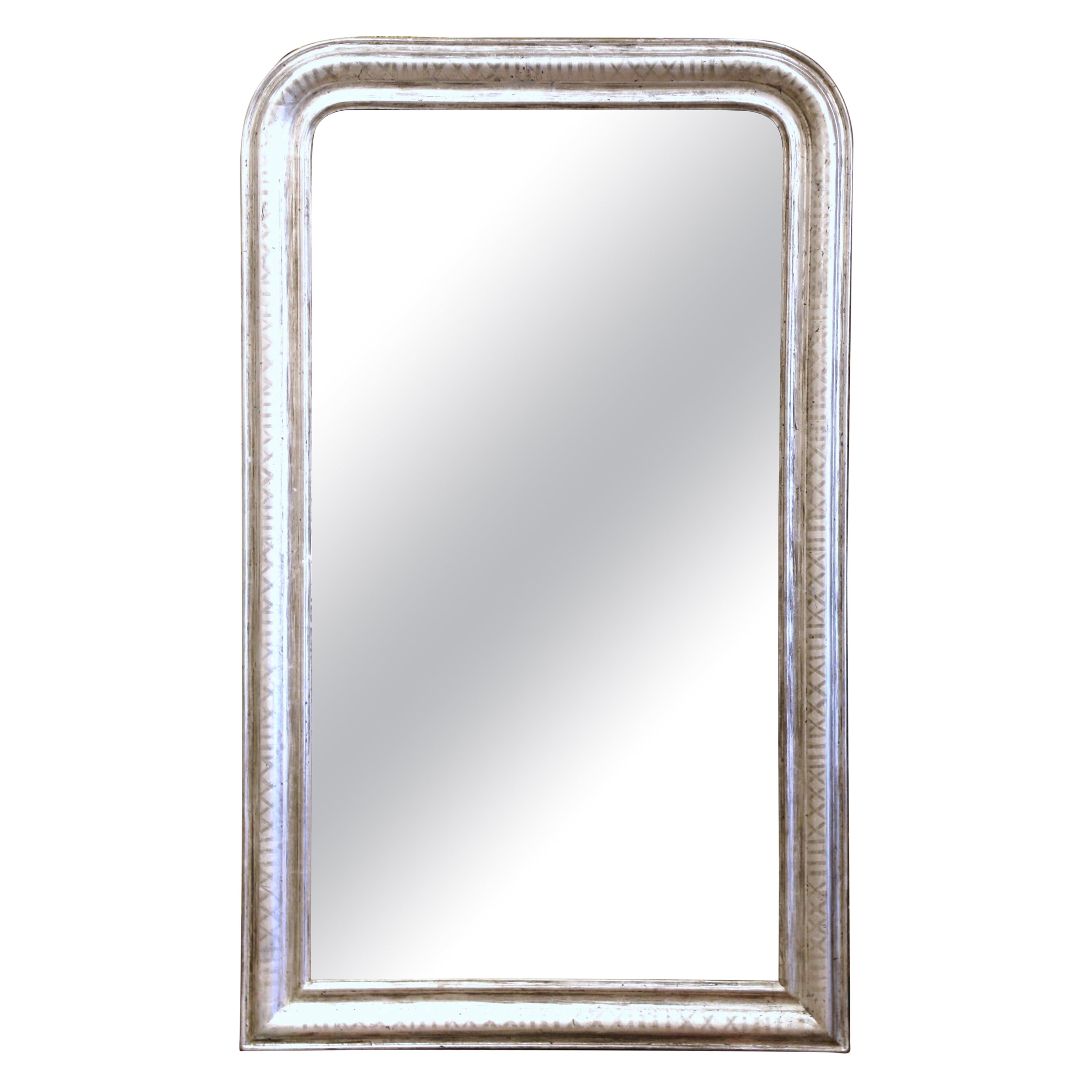 19th Century, French Louis Philippe Carved Silvered Mirror with Geometric Decor