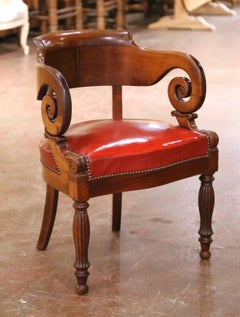 19th Century French Louis Philippe Carved Walnut and Leather Desk Armchair
