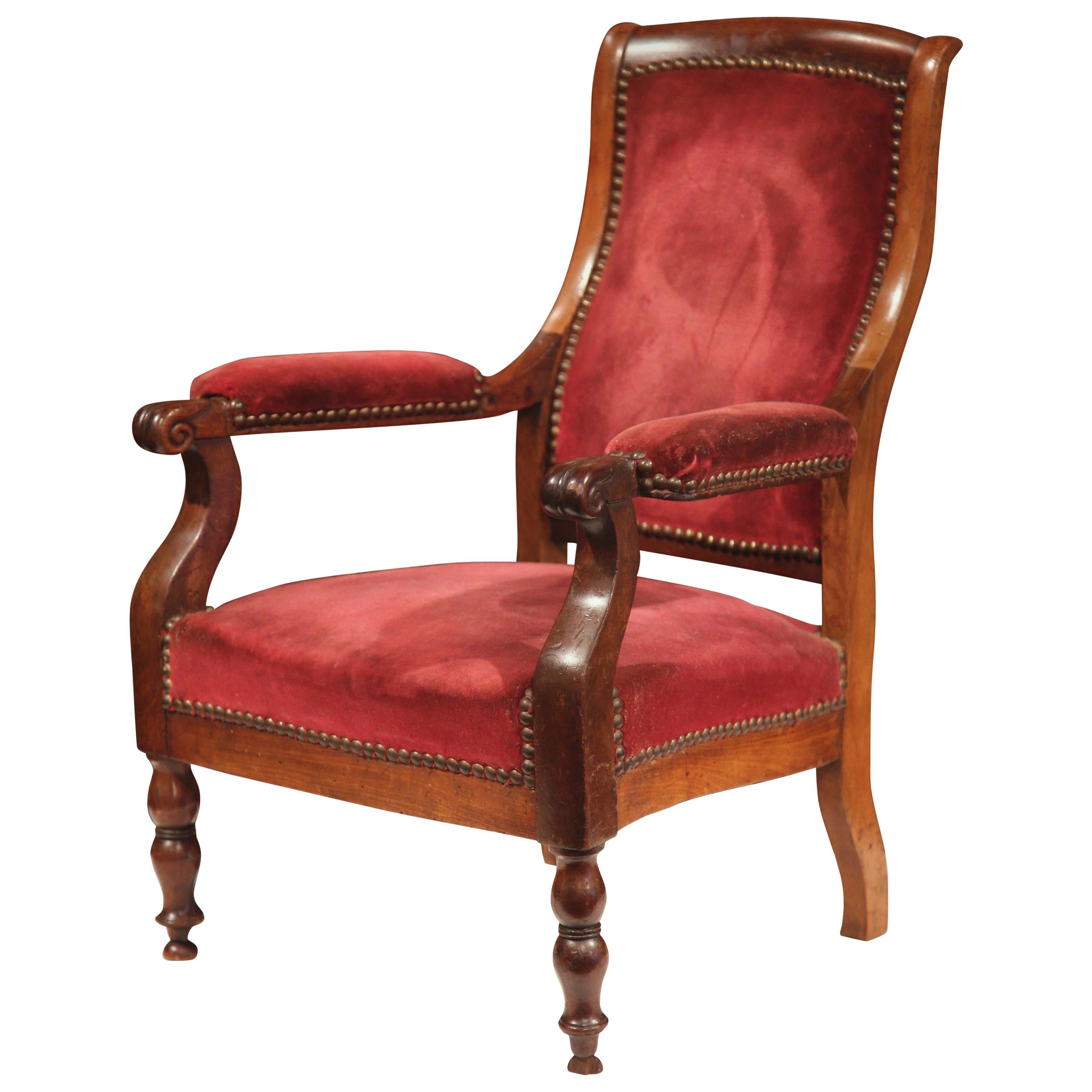 19th Century French Louis Philippe Carved Walnut and Red Velvet Child Armchair