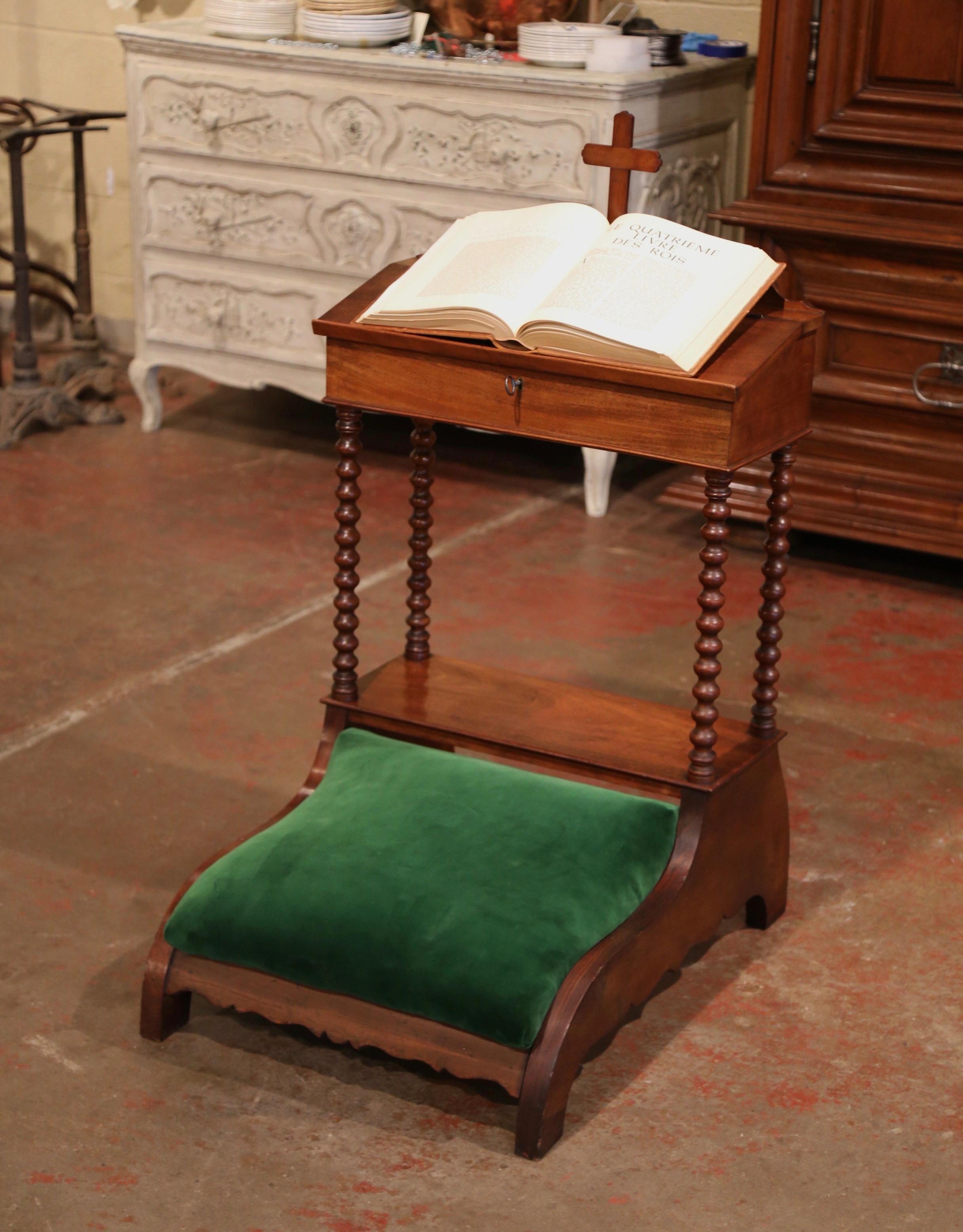 19th Century French Louis Philippe Carved Walnut and Velvet Prayer Chair 3