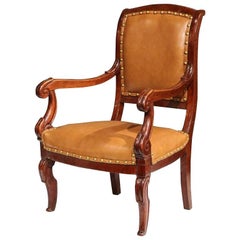 19th Century French Louis Philippe Carved Walnut Child Armchair with Leather